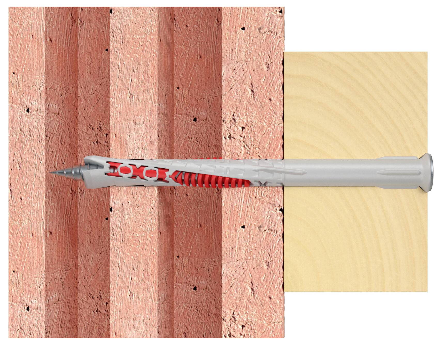 Eine Schraubanker, die durch ein Holzbrett in eine Ziegelmauer getrieben wird, zeigt, wie man Holz an Mauerwerk befestigt.