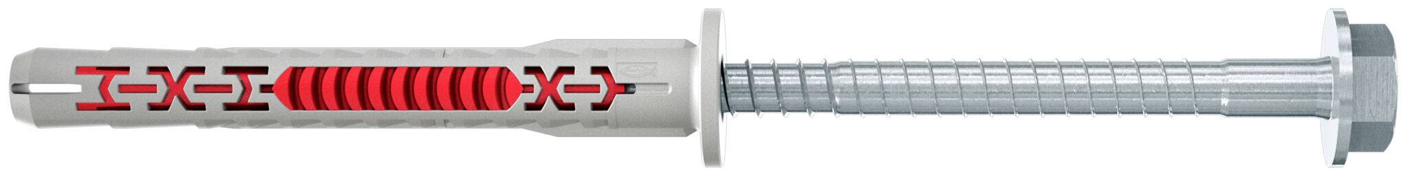 Ein silberner mechanischer Bolzen oder eine Befestigungsschraube mit einem rot gestreiften mittleren Segment, horizontal auf weißem Hintergrund dargestellt.