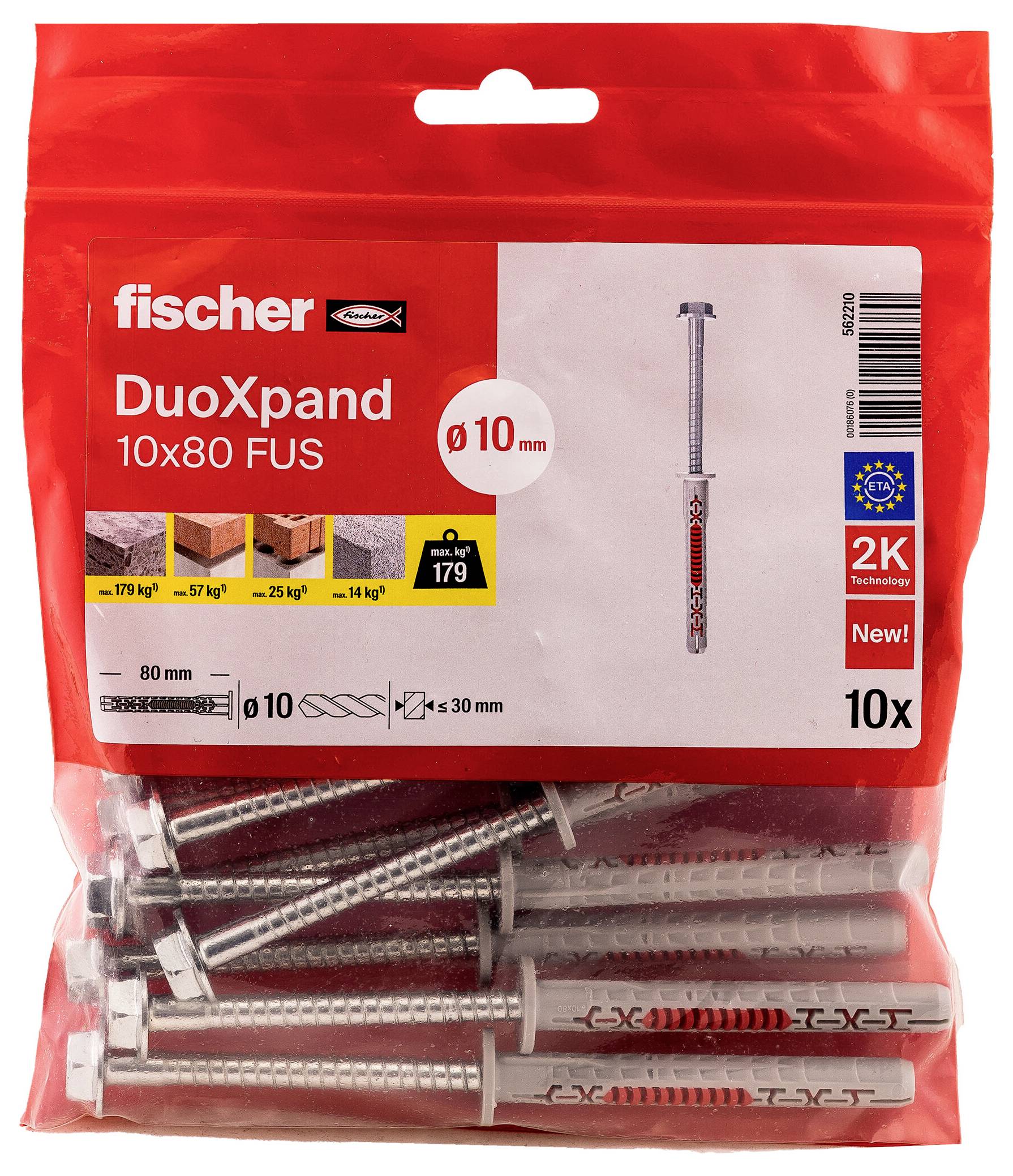 Packung Fischer DuoXpand 10x80 FUS Wanddübel, 10 Stück, zeigt eine rot-weiß gekennzeichnete Tasche mit Metalldübeln im Inneren.