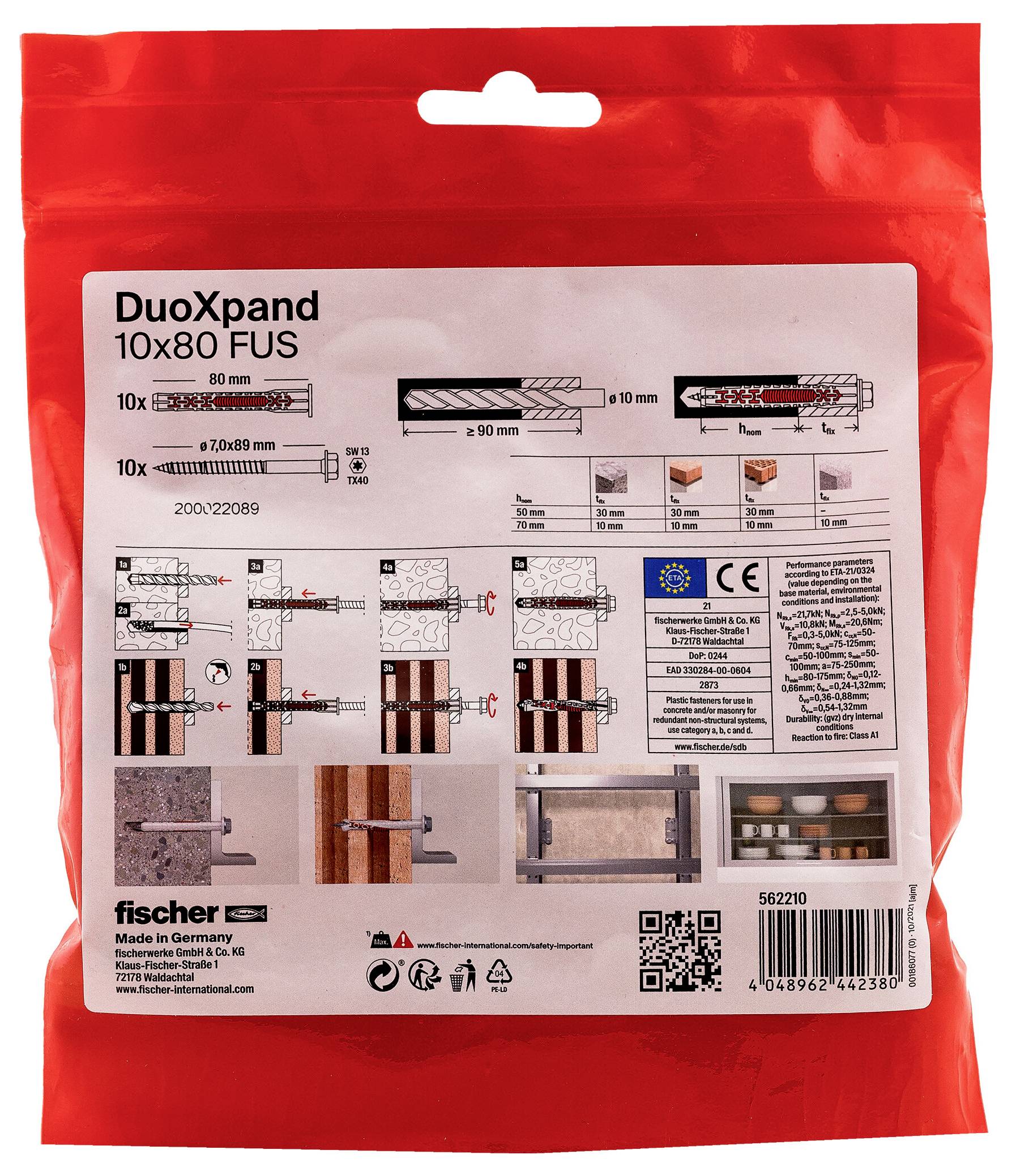 Rote Verpackung von fischer DuoXpand 10x80 FUS Wanddübeln mit illustrierten Installationsschritten, Spezifikationen und Barcode auf der Vorderseite.