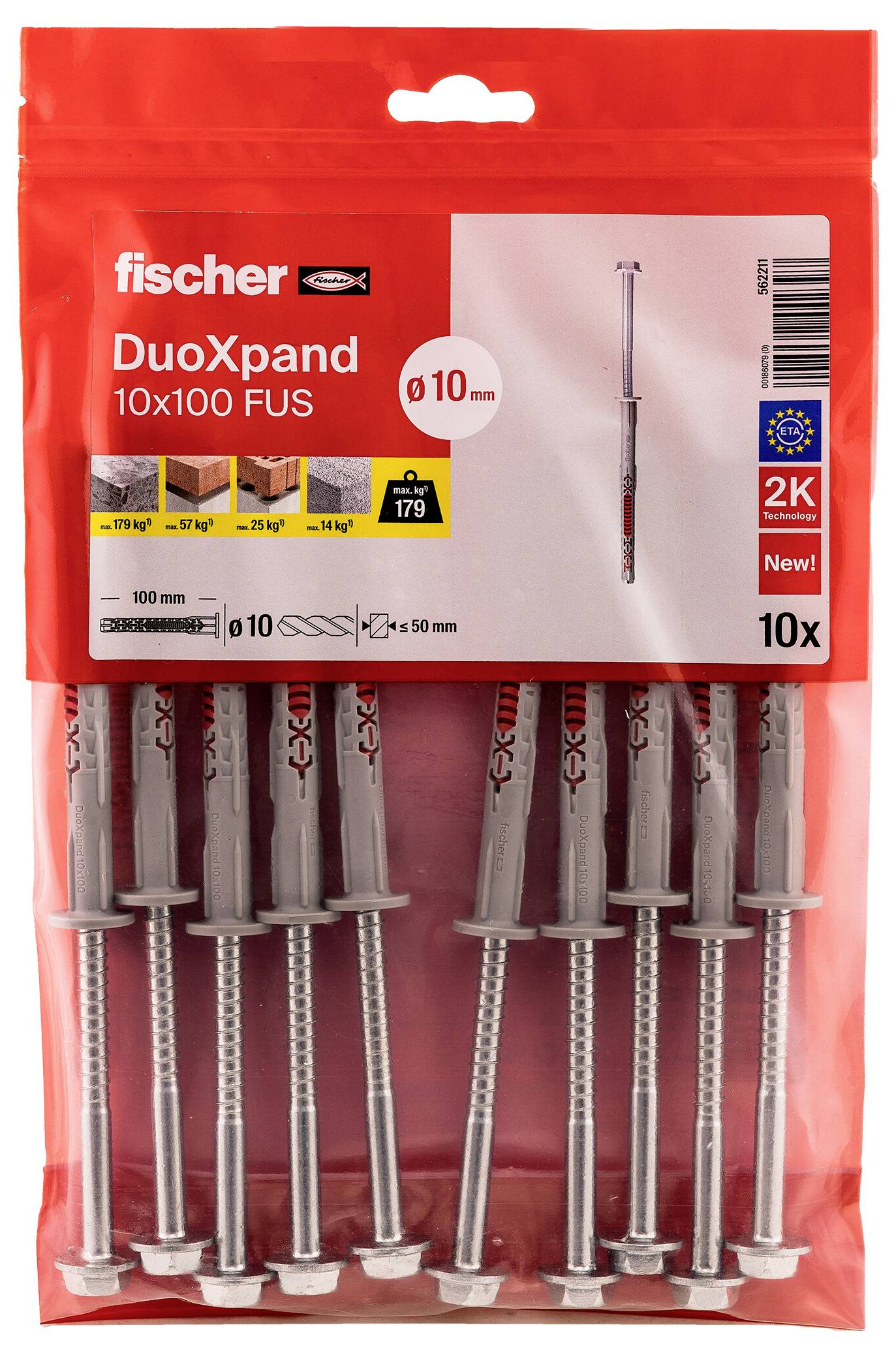 Packung fischer DuoXpand 10x100 FUS Wanddübel, 10 Stück, mit Abbildung eines einzelnen Dübels und einer Kennzeichnung der Bohrergröße von 10 mm.
