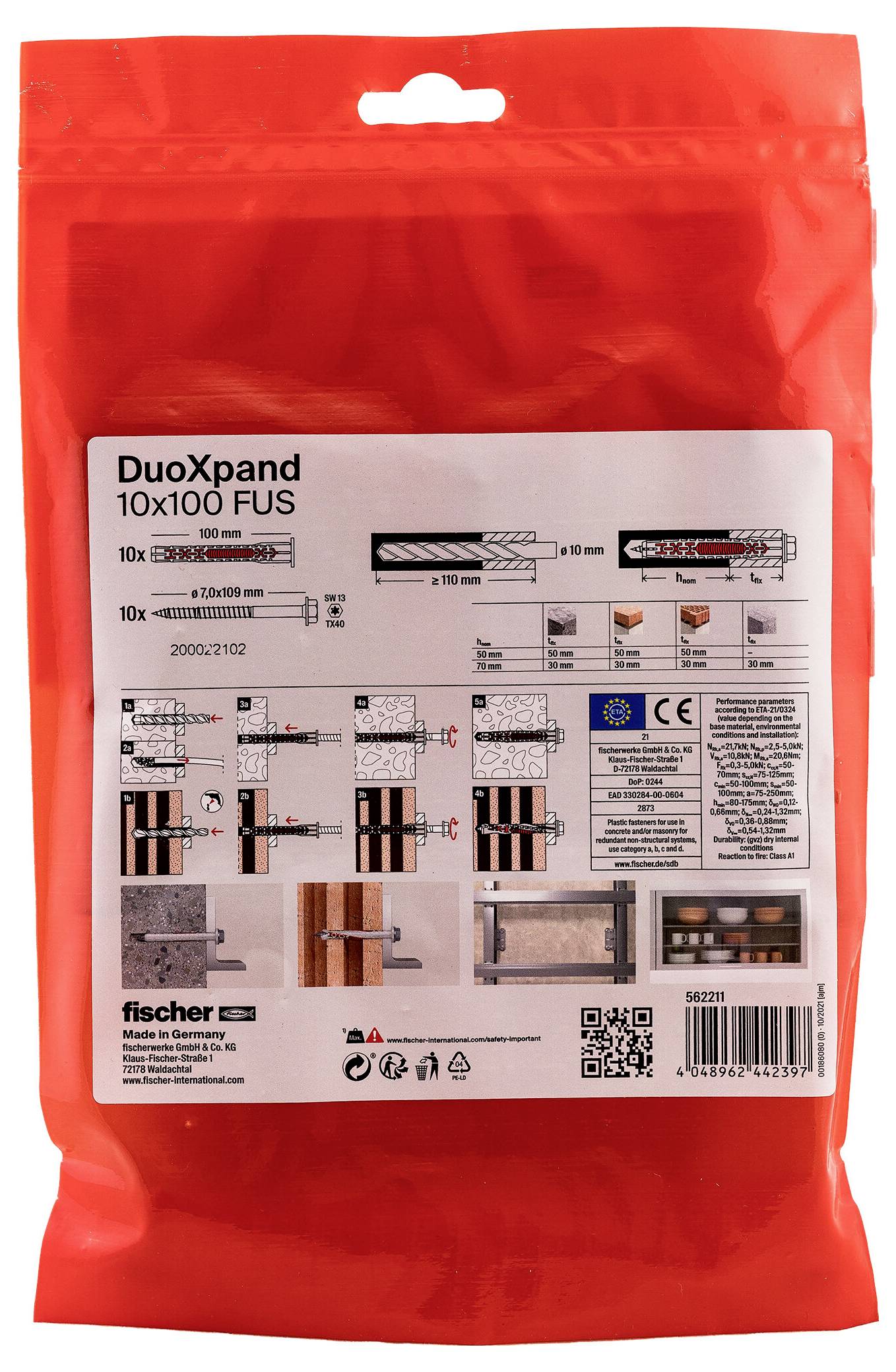 Orangefarbener Beutel mit Fischer DuoXpand 10x100 FUS Wanddübeln, mit Produktanleitung, Diagrammen und Barcode auf dem Frontschild.