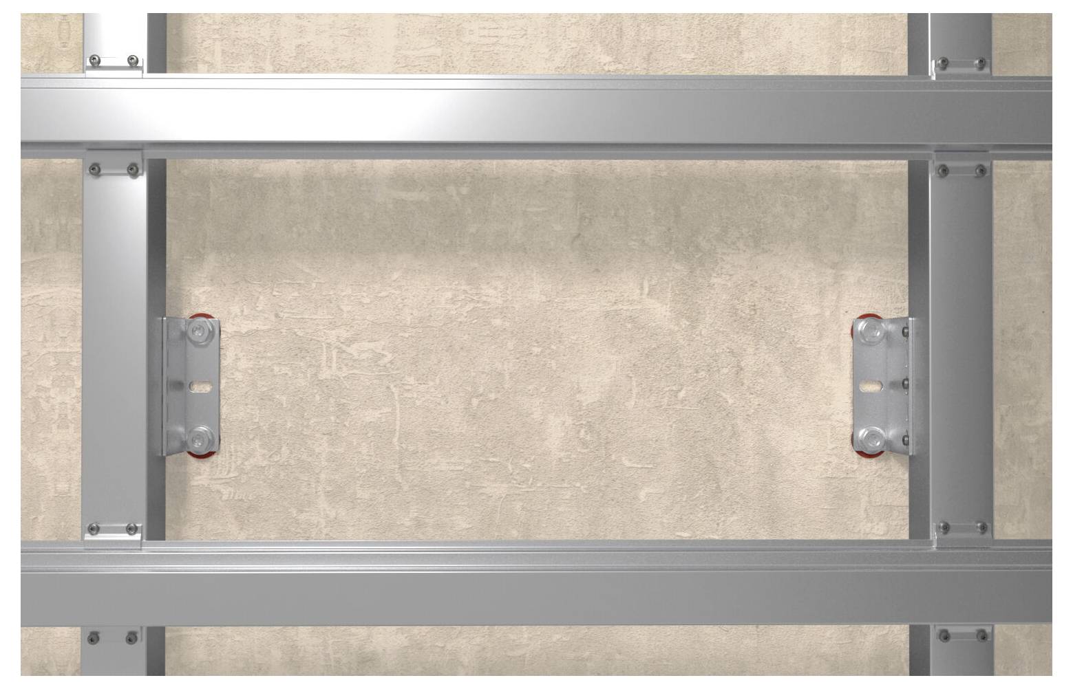 Metallrahmen an der Wand mit horizontal und vertikal angebrachten Ständern an einer beigen Wandoberfläche