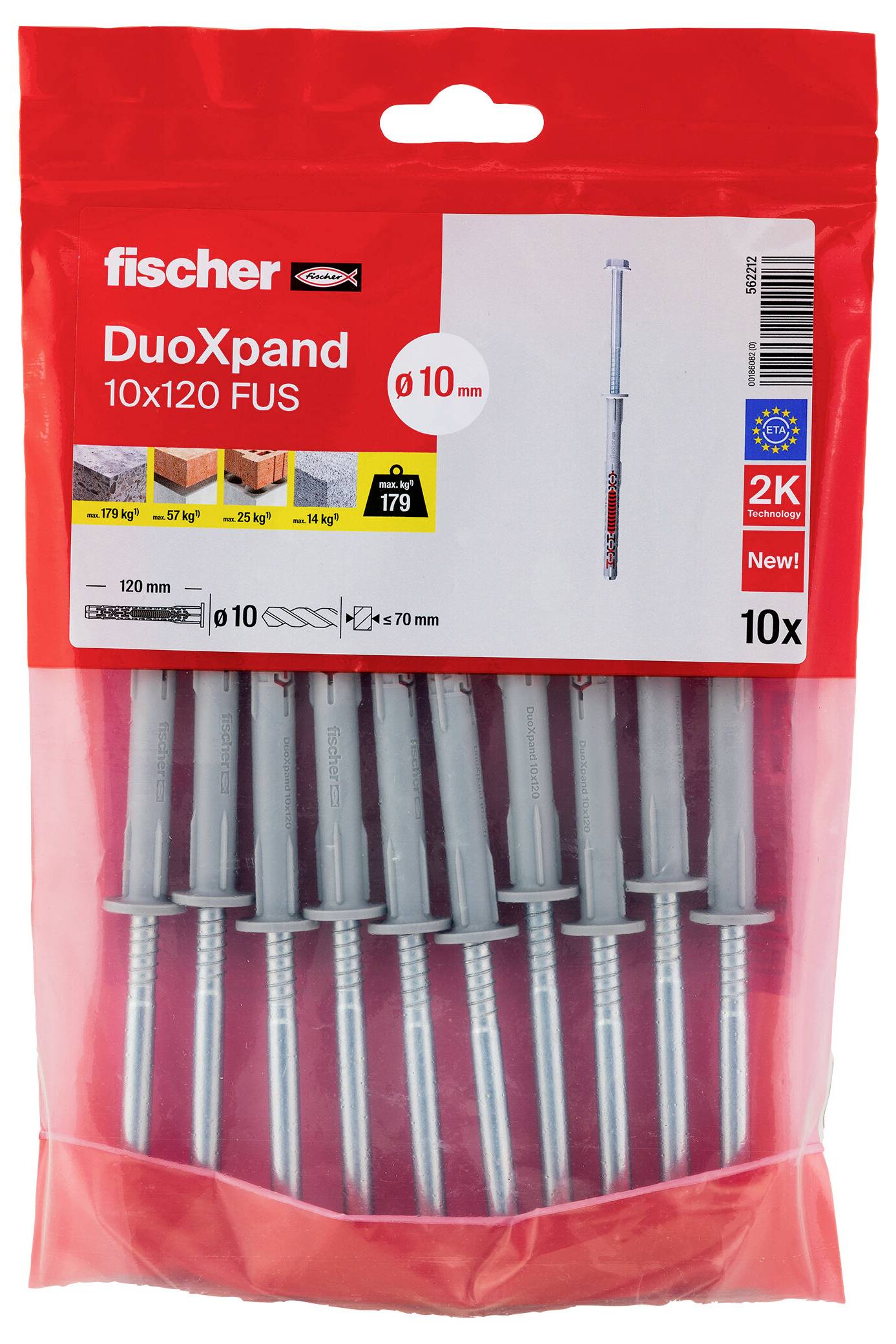 Paket fischer DuoXpand 10x120 FUS Dübel, 10er-Pack, für 10 mm Bohrungen und schwere Lasten