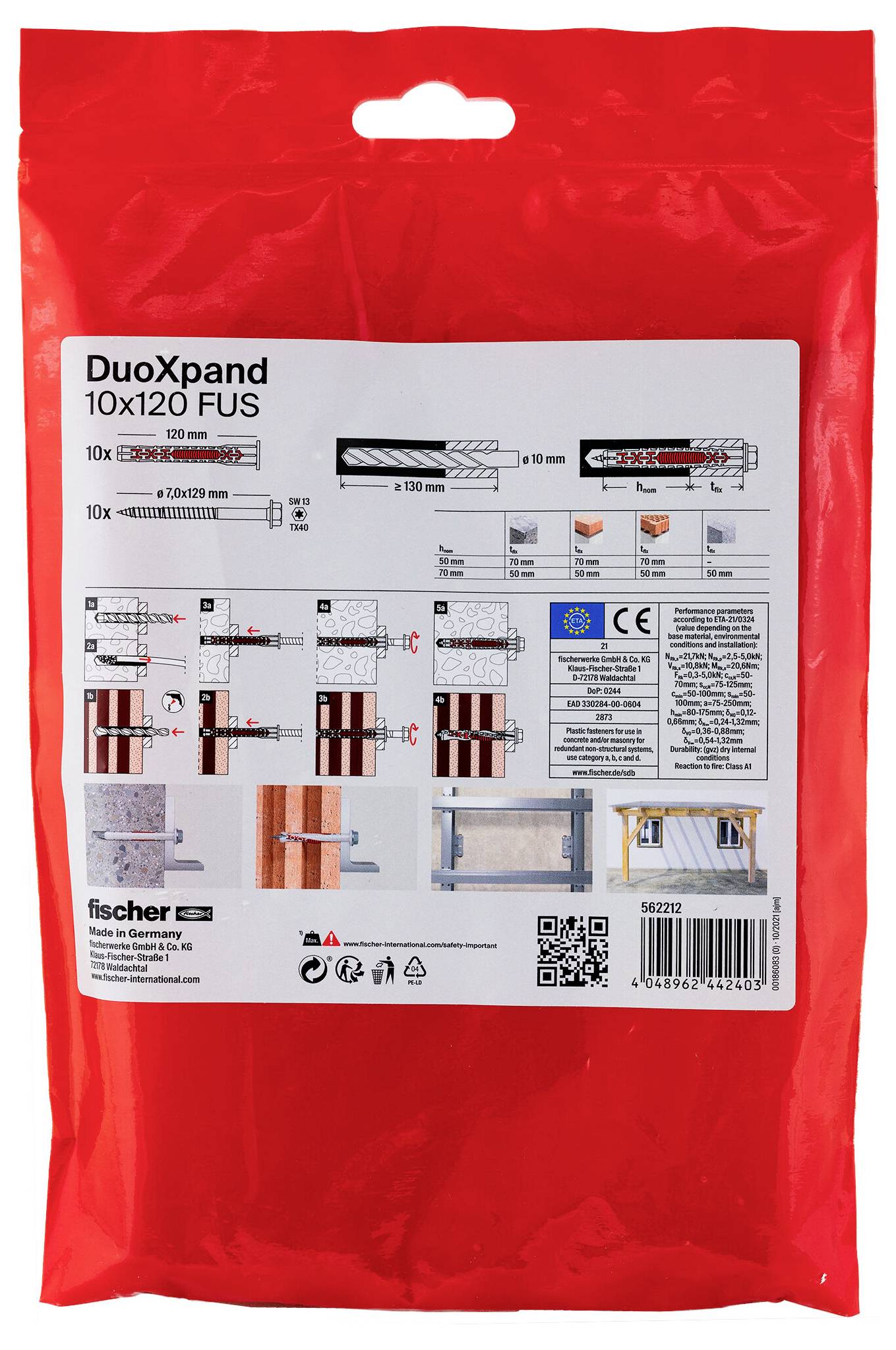 Red Fischer DuoXpand 10x120 FUS Ankerset mit Produktabbildungen, Installationsdiagrammen und Spezifikationen auf dem vorderen Etikett.