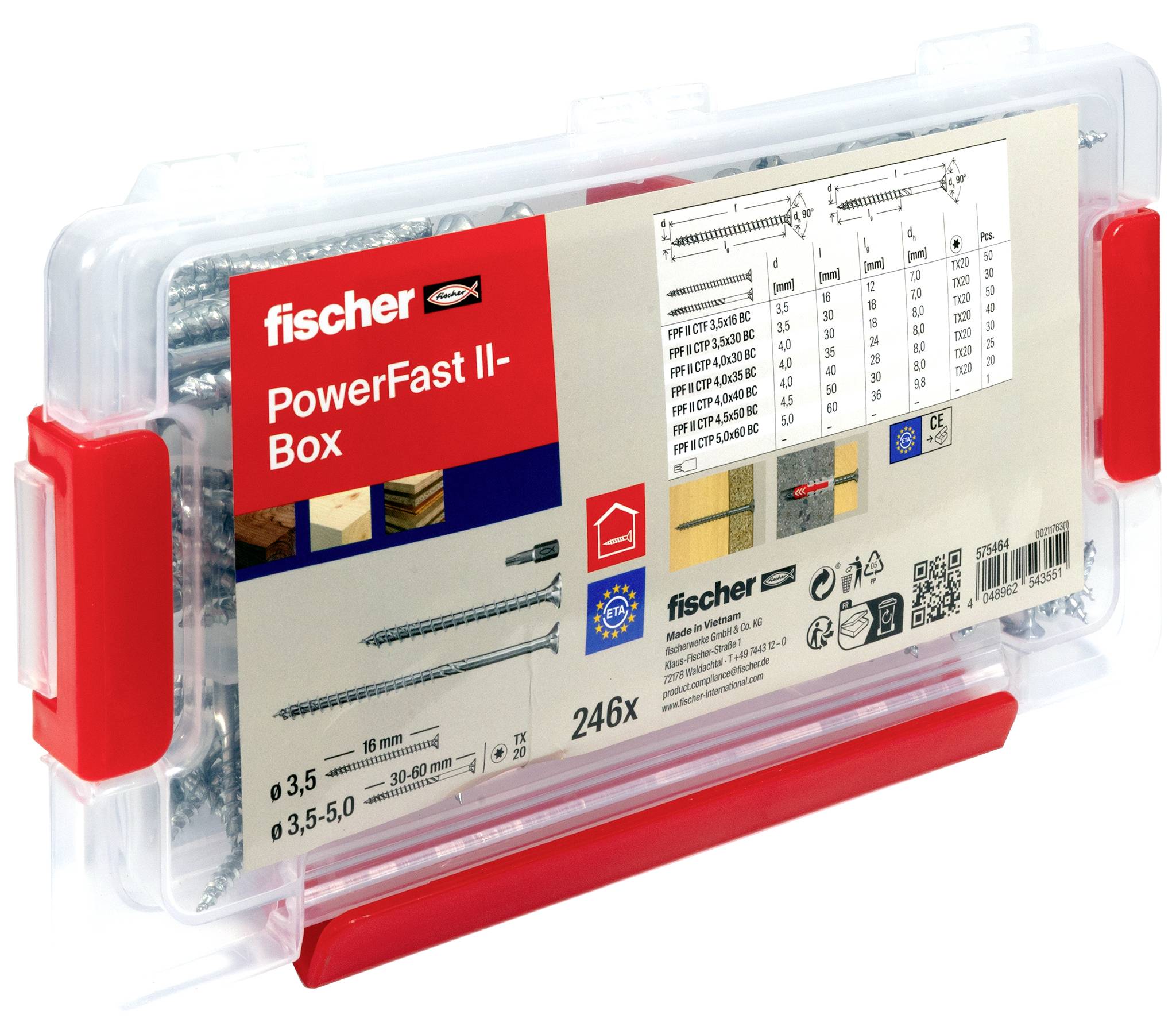 Fischer PowerFast II-Box Kunststoff-Lagerbehälter mit verschiedenen Schrauben und Dübeln, gezeigt in klarer rot-weißer Verpackung.