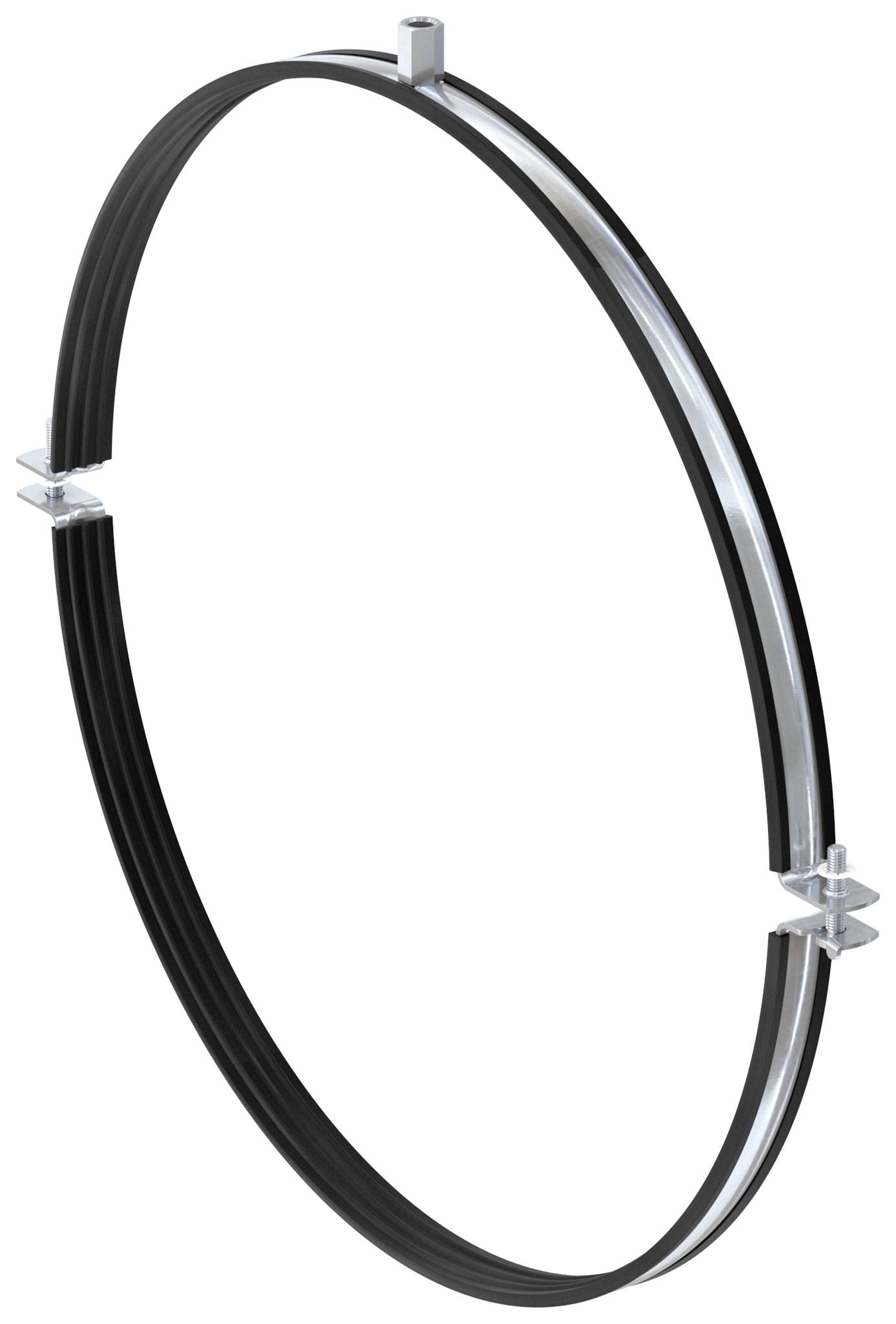 Kreisförmiger Metallklemmring mit schwarzen und silbernen Bändern, isoliert auf weißem Hintergrund dargestellt.
