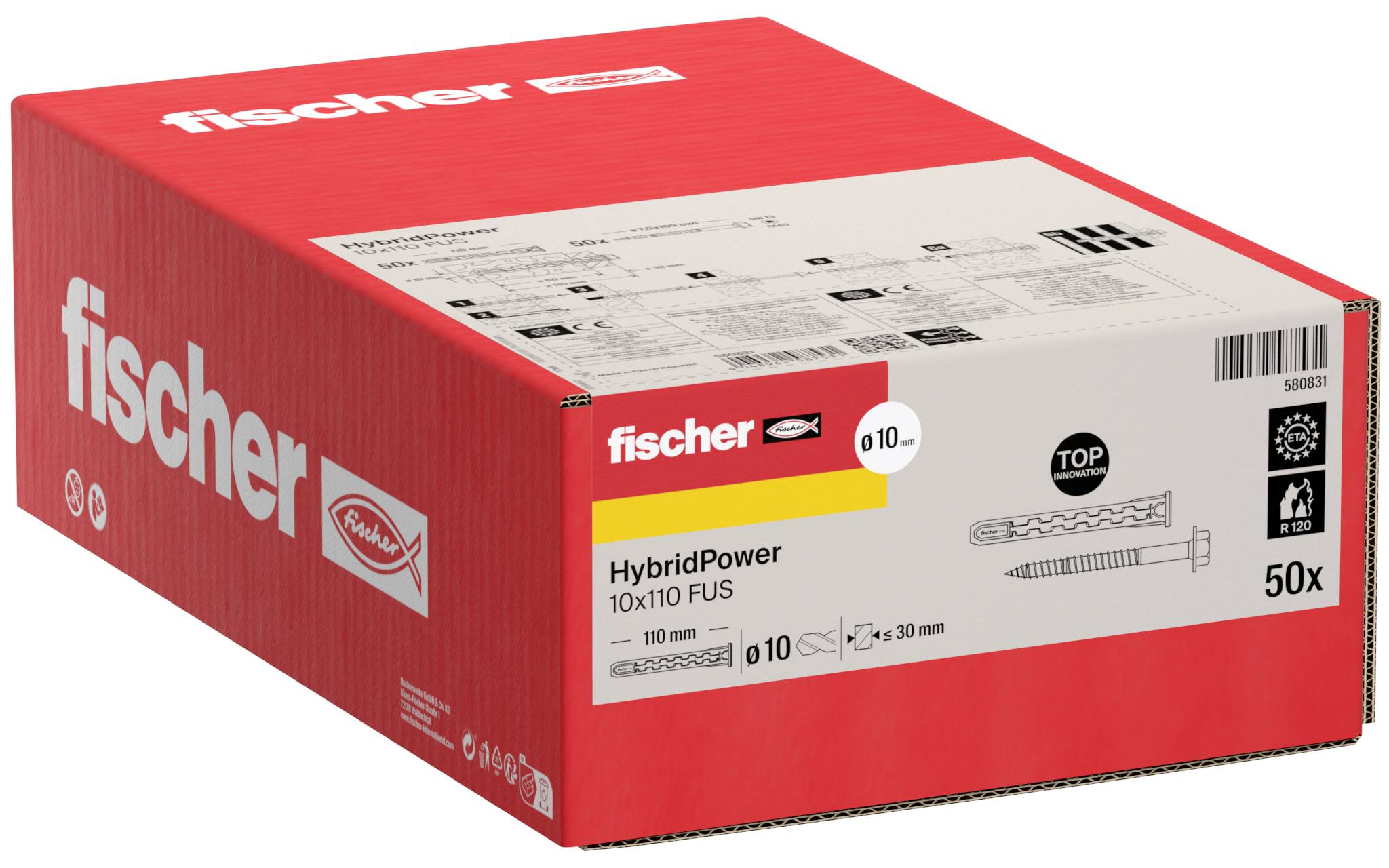 Rot Fischer HybridPower Wandsteckdosendose, mit Aufschriften 'fischer', 'HybridPower 10x110 FUS', 'd10' und '50x'.