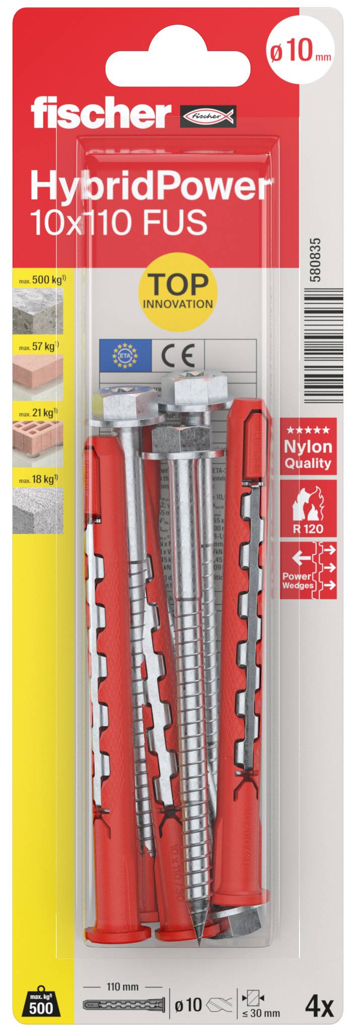 Verpackung für Fischer HybridPower 10x110 FUS Wanddübel, zeigt rote und graue Dübel in einer Blisterpackung mit den Etiketten „Top Innovation