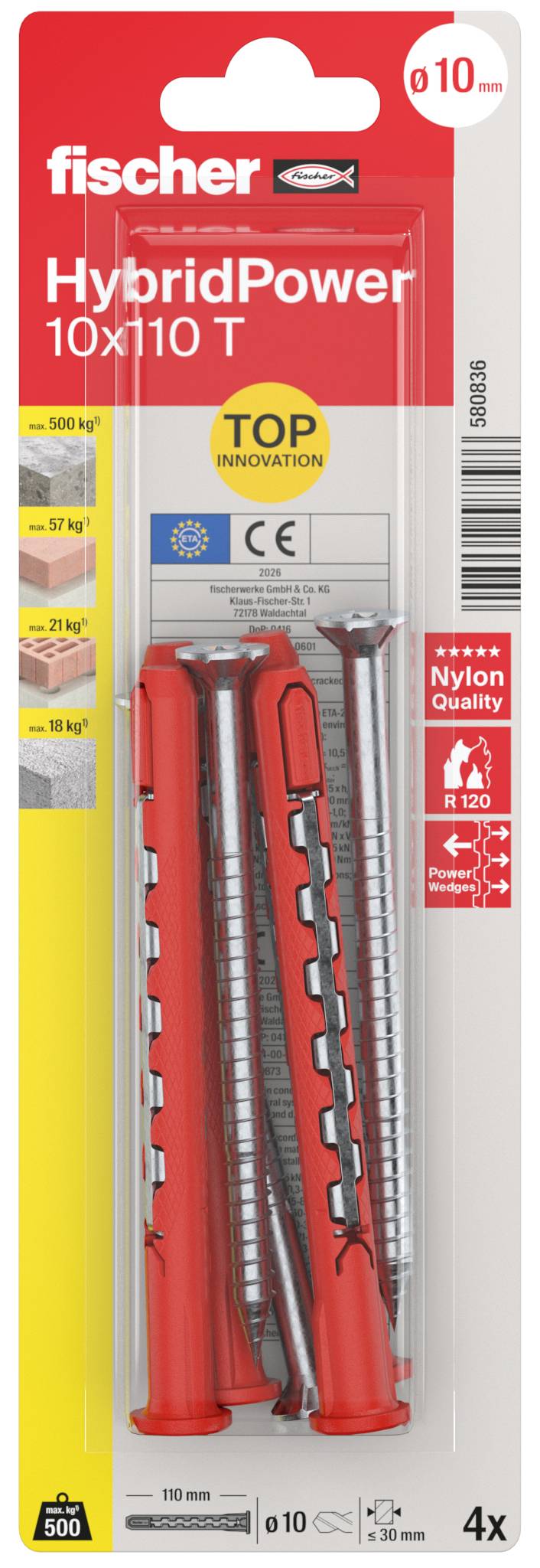 Packung fischer HybridPower 10x110 T Wandanker, zeigt zwei rote Anker und Beschriftungen für Top-Innovation, Nylon-Qualität und 4x Menge.