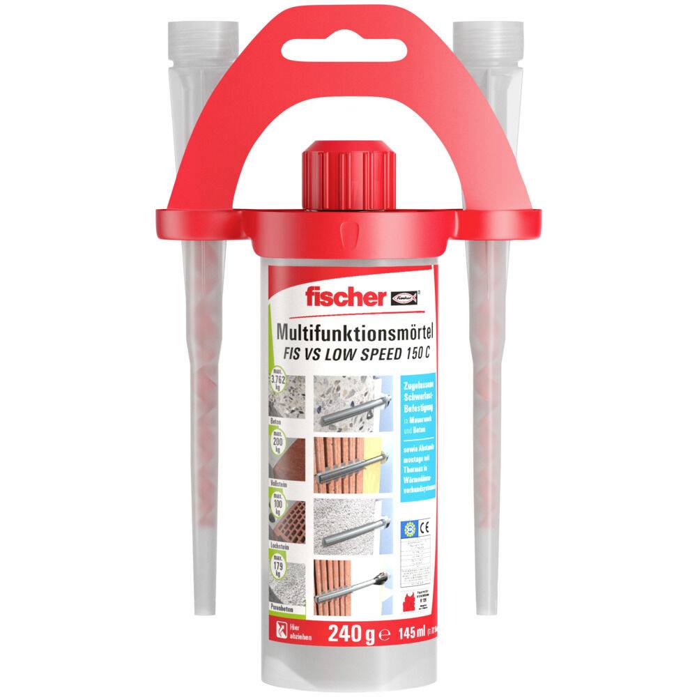 Red Fischer Multifunktionsmörtel-Kartusche mit Mischdüse und zwei grauen Applikatorrohren, beschriftet mit „FIS VS LOW SPEED 150 C