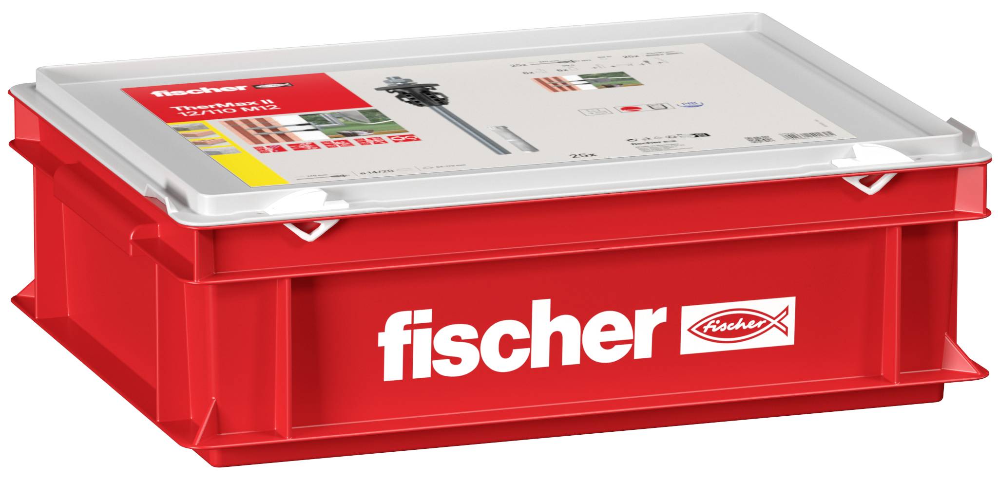 Rote Kunststoff-Lagerkiste von Fischer mit weißem Deckel, auf der Seite und dem Deckel mit „fischer