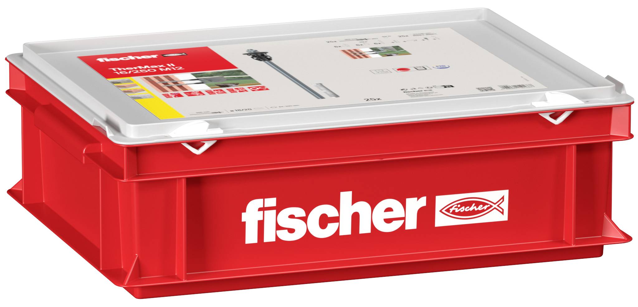 Rotes Kunststoff-Lagerkisten mit weißem Deckel mit der Aufschrift „fischer
