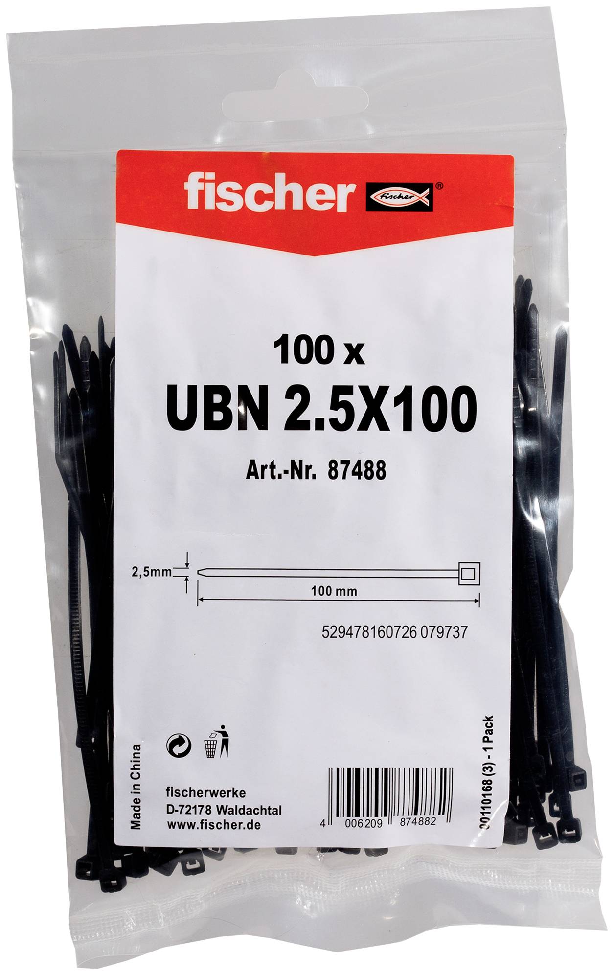 Paket Fischer UBN 2,5x100 Kabelbinder, 100er Pack, schwarz, mit Produktetikett und angezeigten Abmessungen.