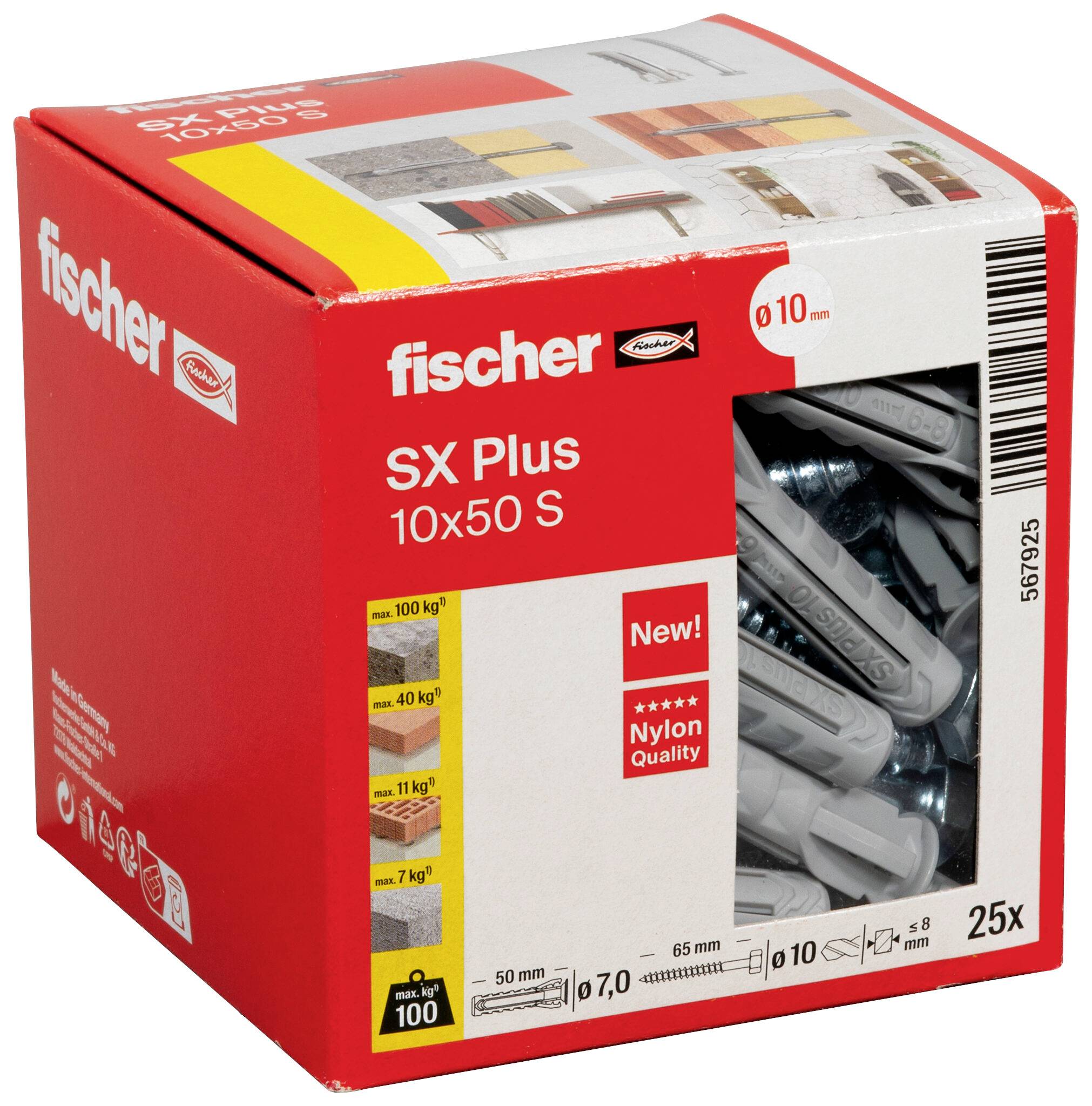 Red Fischer SX Plus 10x50 S Wandstecker-Box mit klarem Fenster, das graue Nylonduebel zeigt, beschriftet mit „25x" und „10 mm".