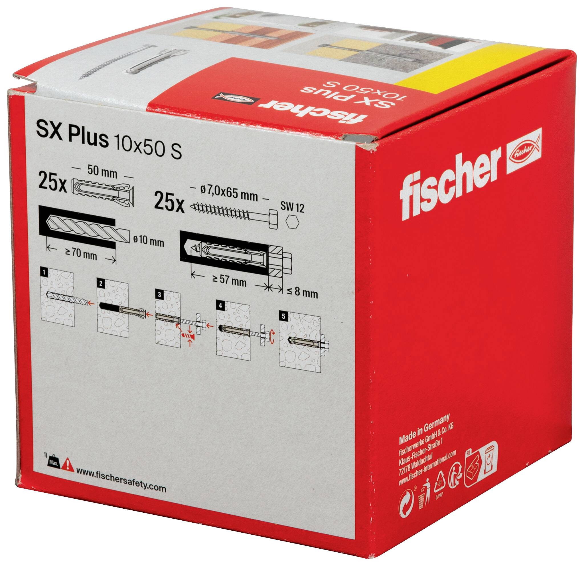 Red Fischer SX Plus 10x50 S Ankerdübel-Box mit Installationsdiagrammen und Markenlogo auf der Vorderseite.
