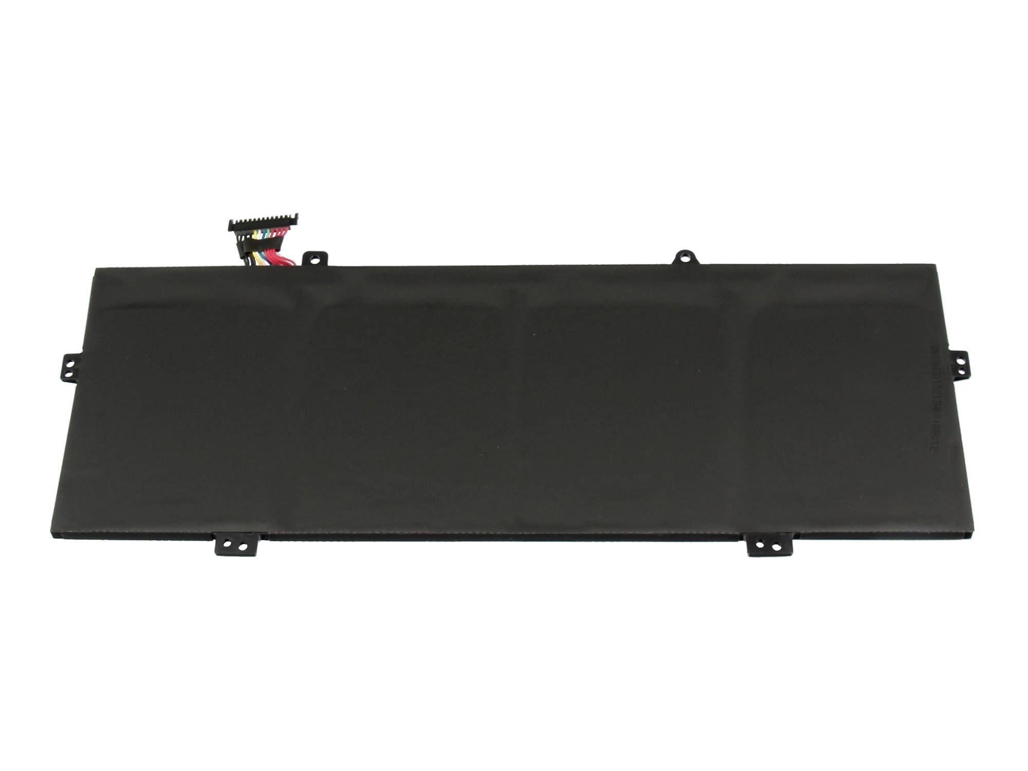 Schwarzes rechteckiges elektronisches Display oder Bedienfeld mit Befestigungslaschen und einem sichtbaren Steckverbinder auf weißem Hintergrund.