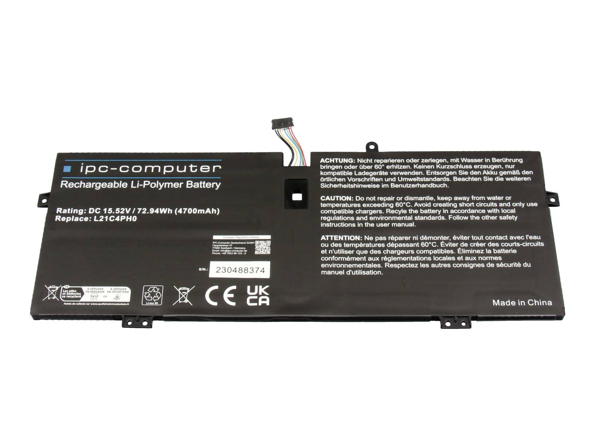 Schwarzer IPC-Computer wiederaufladbarer Li-Polymer-Laptop-Akku mit Warnaufklebern und Anschlussdrähten auf weißem Hintergrund.