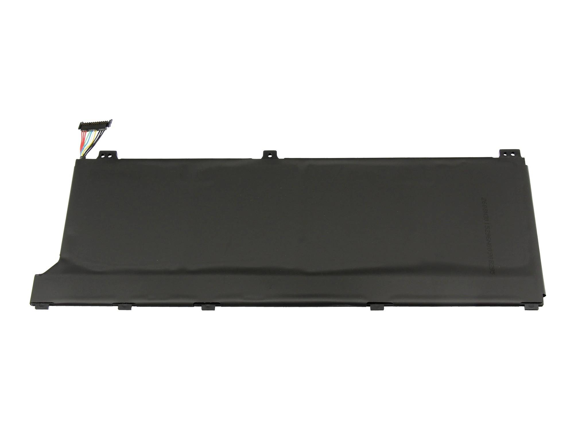 Schwarzes Laptop-Akkupaket mit Verbindungskabel, auf weißem Hintergrund dargestellt.