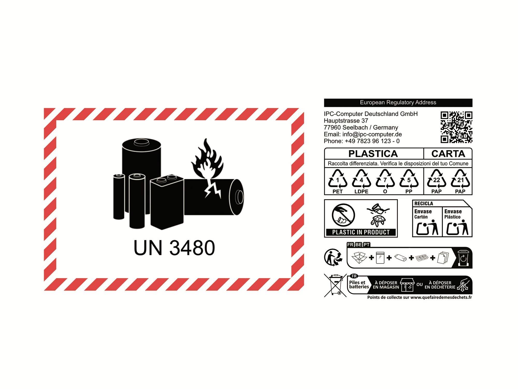 Lithium-Batterie-Gefahrenkennzeichnung für UN 3480, mit Batterie- und Flammensymbol in rotem Streifenrahmen, plus europäische Recycling- und Entsorgungsanweisungen in Französisch und Deutsch.