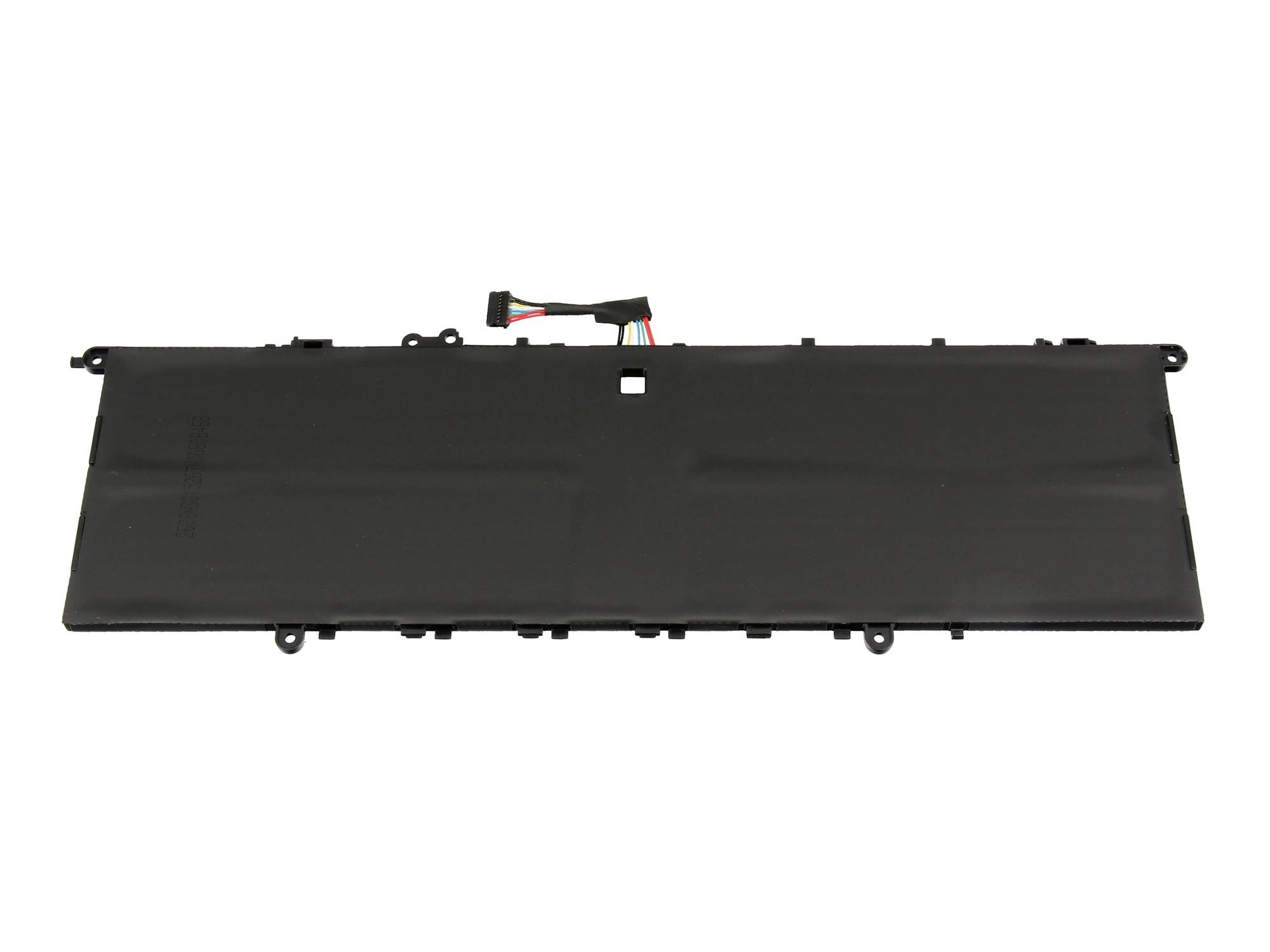 Schwarzes rechteckiges Laptop-Akku-Pack mit Stecker und Befestigungslaschen auf weißem Hintergrund.