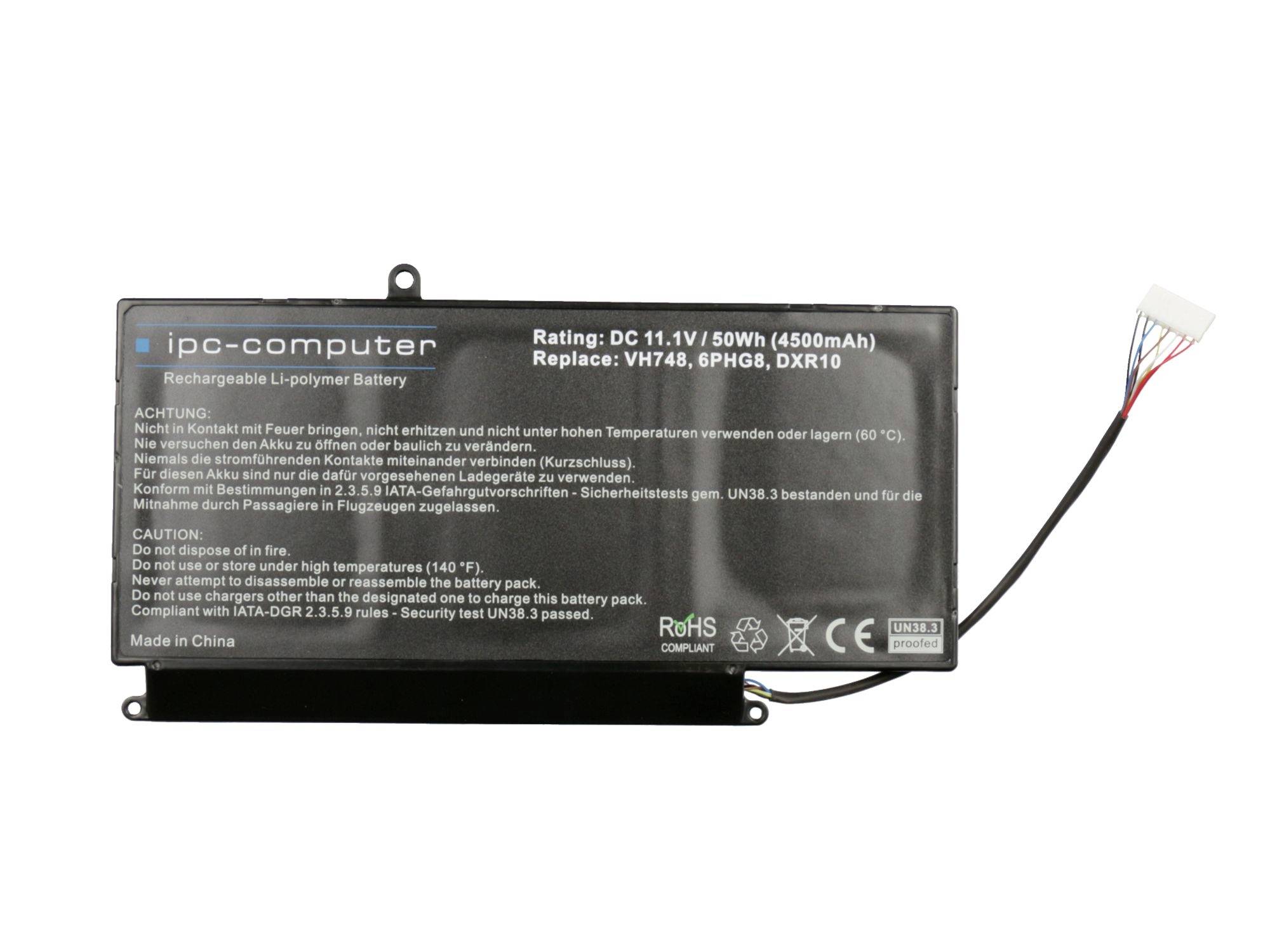 Schwarzes IPC-Computer-Akku-Lithium-Batterie-Pack mit angebrachtem weißem Kabel und Stecker, gekennzeichnet mit 11,1V 50Wh Ersatz für YH48, 6PHG8, D2R10.