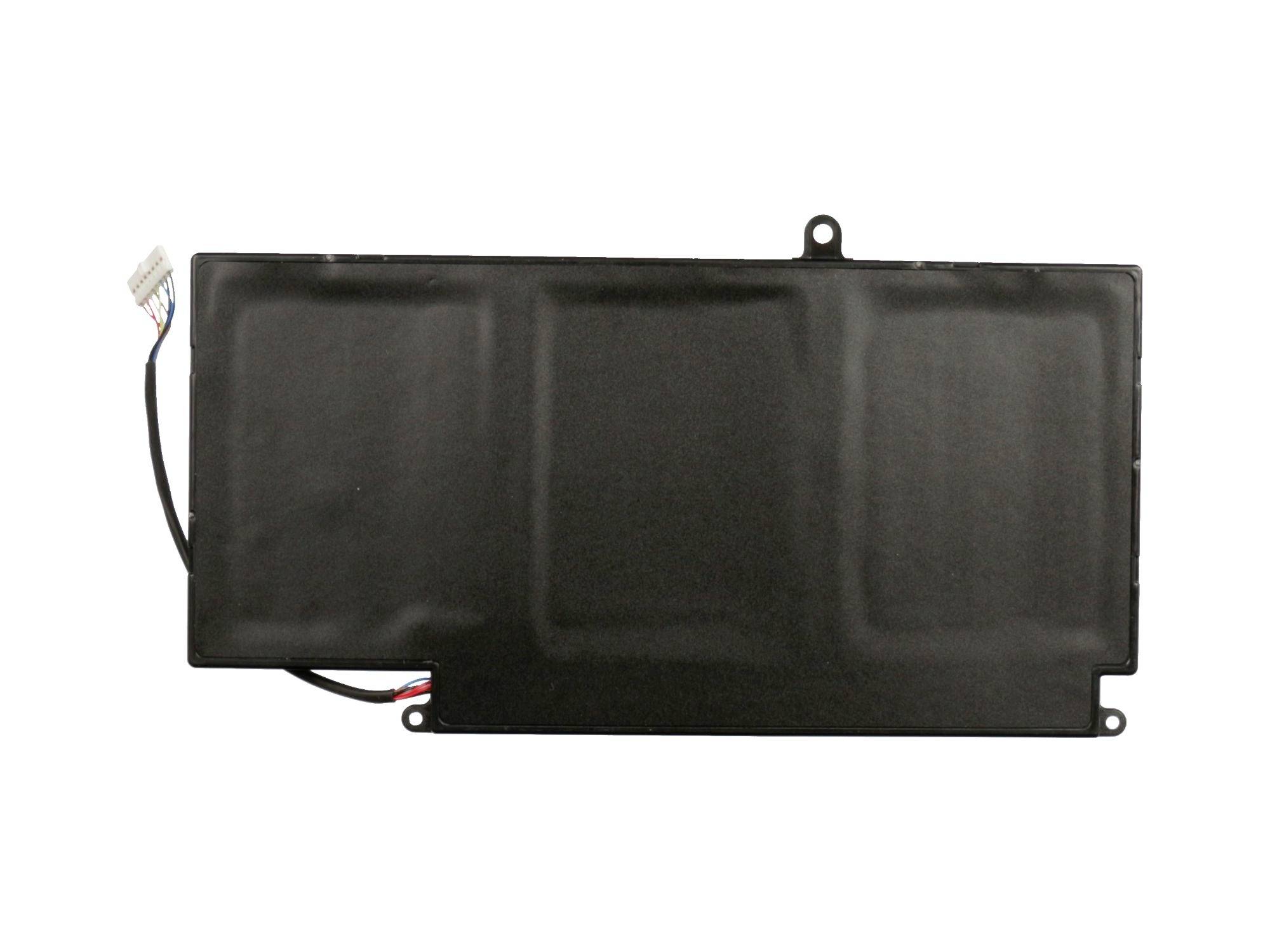 Schwarzes rechteckiges elektronisches Batteriepack mit Verbindungskabel und Montagelaschen auf weißem Hintergrund.