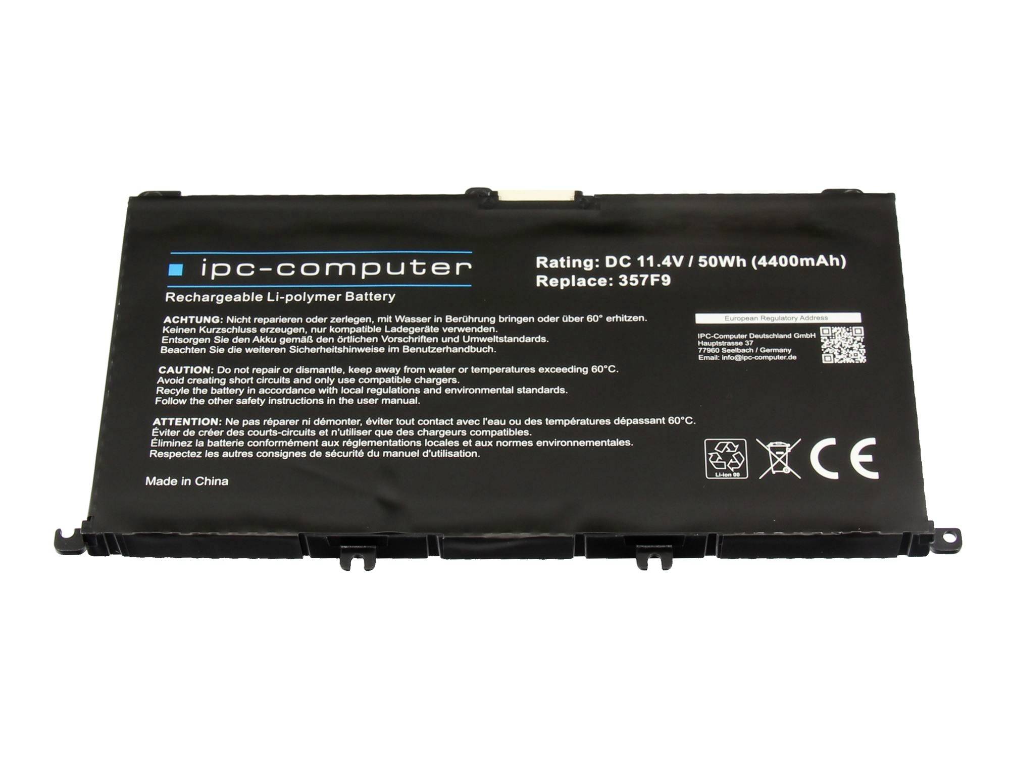 Schwarzer IPC-Computer wiederaufladbarer Lithium-Polymer-Akku mit Bezeichnung 11,4 V, 50 Wh, 4400 mAh.