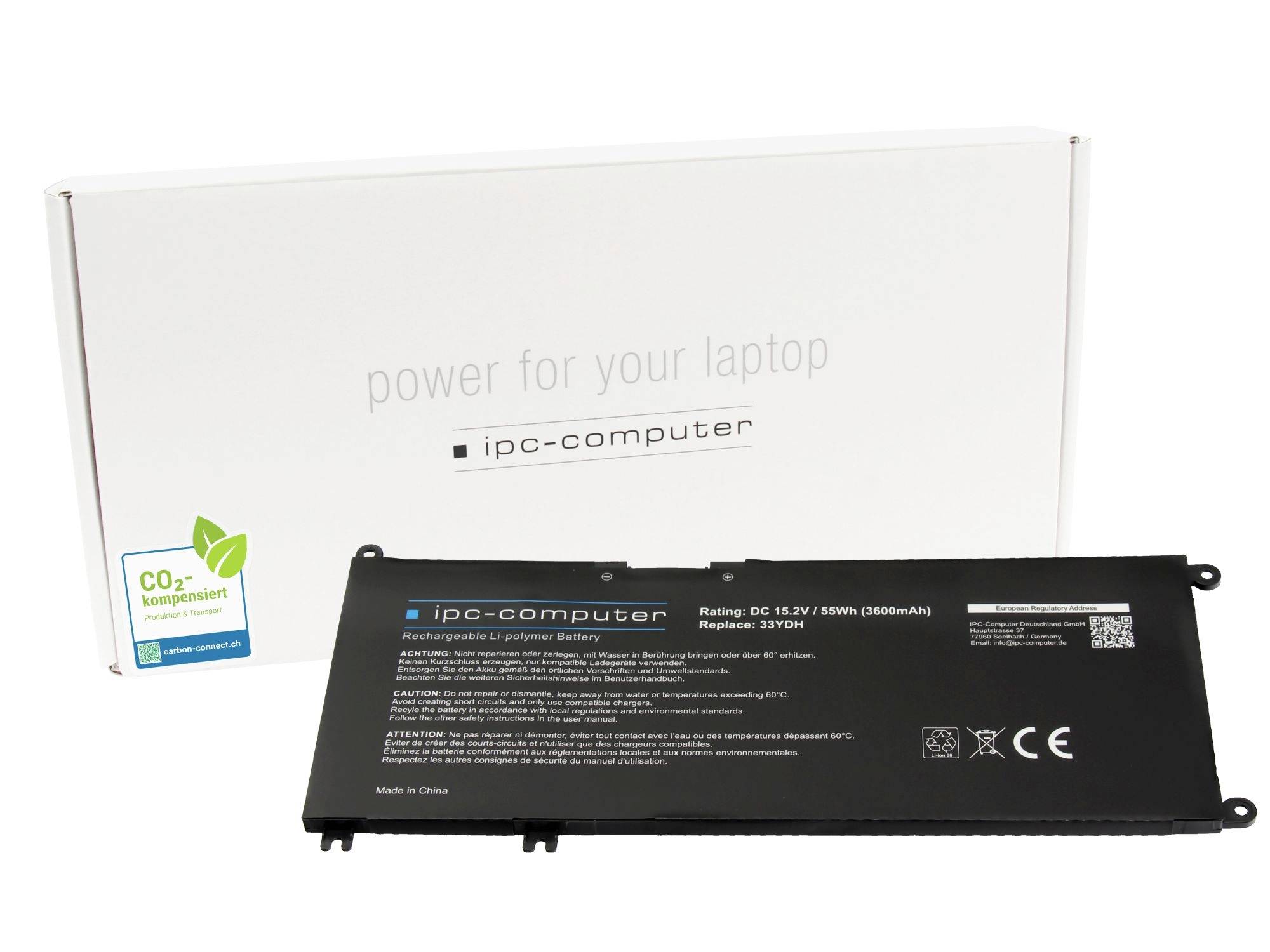 Ersatzbatterie für Laptops in Schwarz, dargestellt vor ihrer weißen „ipc-computer