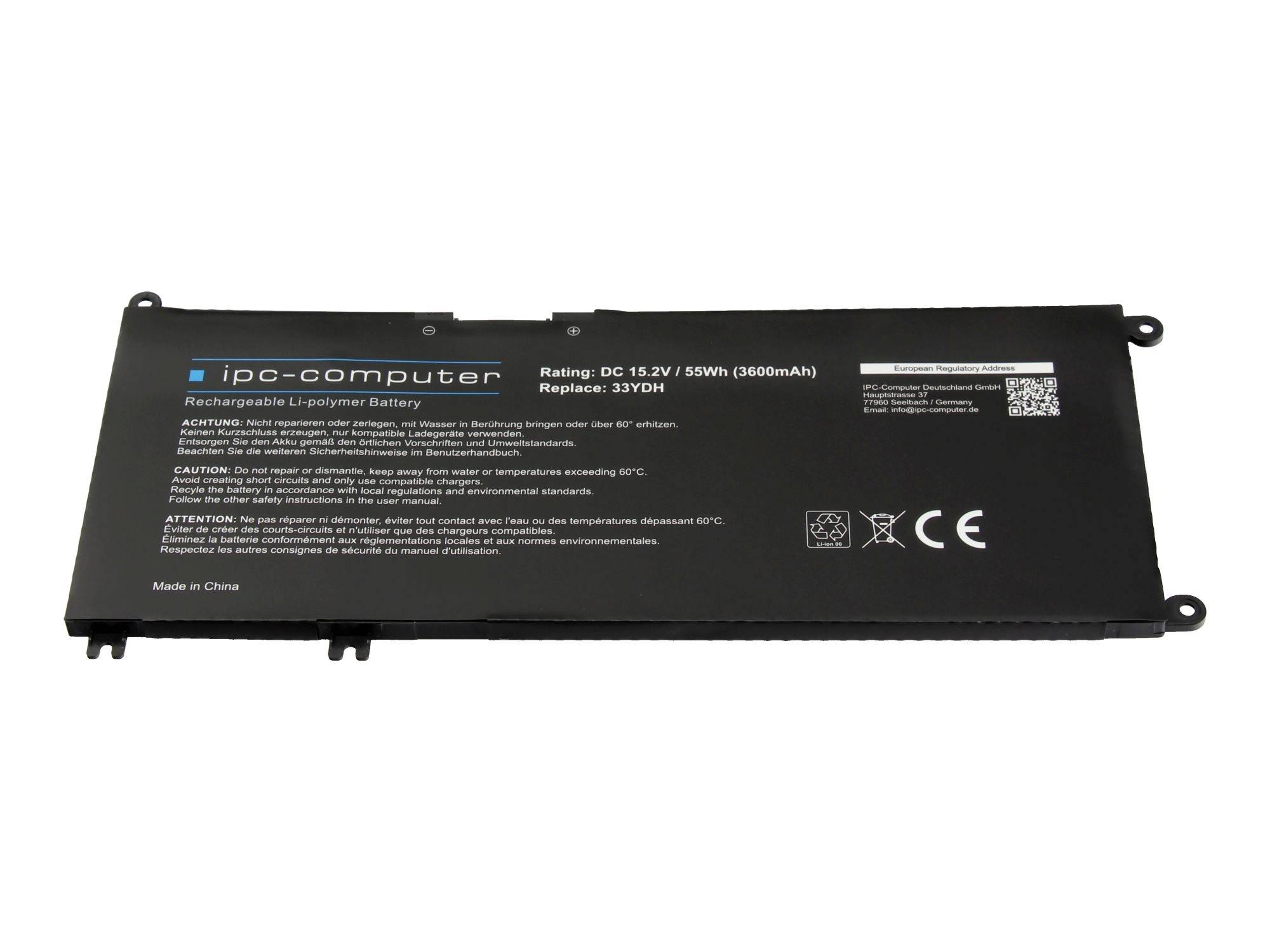 Schwarzer IPC-Computer wiederaufladbarer Li-Polymer-Laptop-Akku mit Etikett mit 15,2V, 55Wh und Ersatzteil 33YDH.
