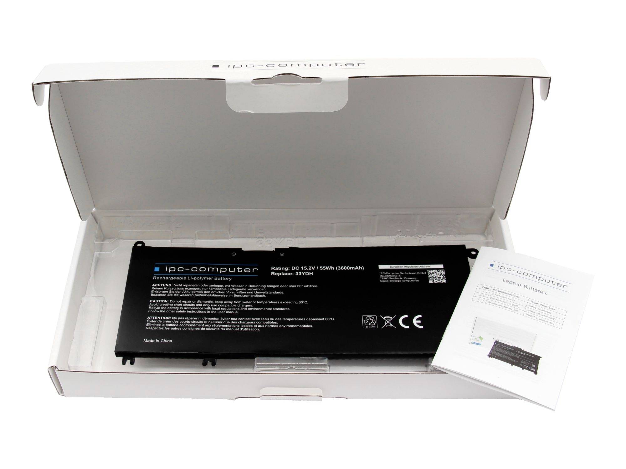 Öffnen Sie die weiße Box mit einem schwarzen IPC-Computer-Laptop-Akku und einem kleinen Anleitungsblatt.