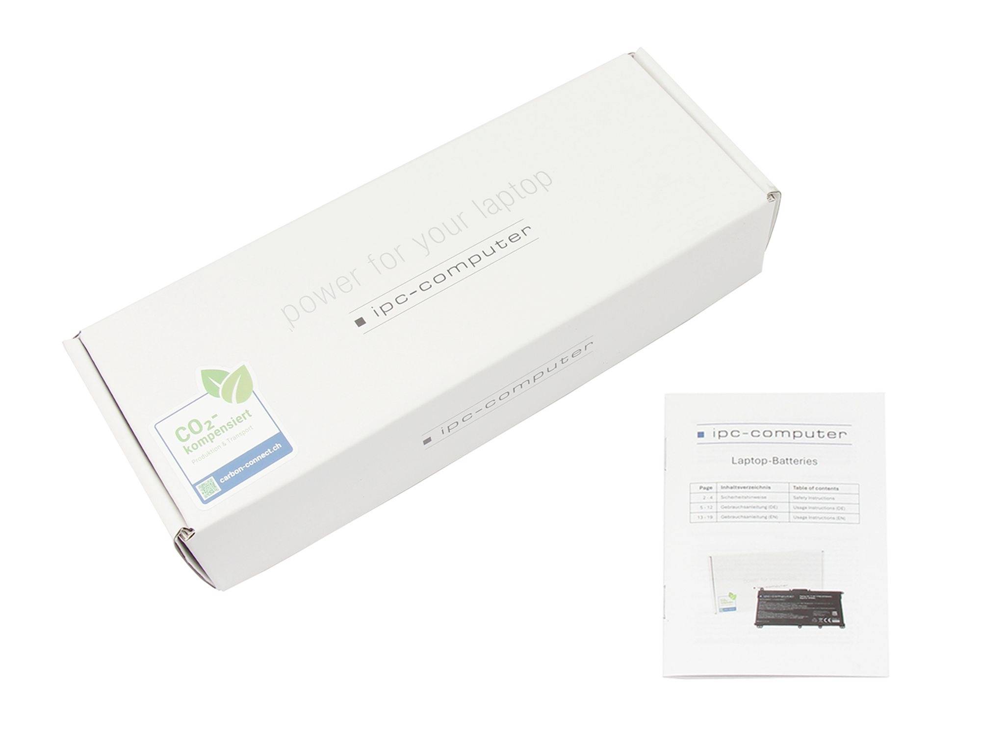 Weiße iPO-Computer-Laptop-Batteriebox mit grünem Öko-Label, dargestellt neben einem kleinen Bedienungsanleitungsblatt auf weißem Hintergrund.