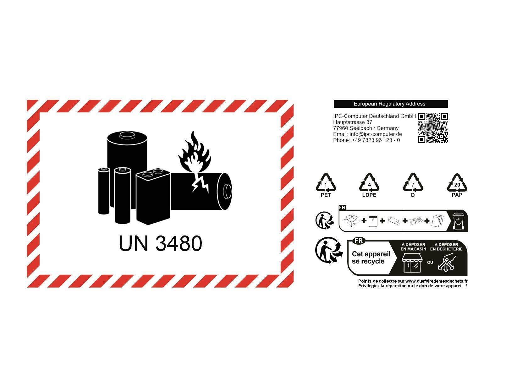 Gefahrgutversand-Etikett für UN 3480 Lithium-Ionen-Batterien, mit Feuer-Symbol und Recycling-/Entsorgungssymbolen sowie europäische behördliche Adresse und QR-Code.