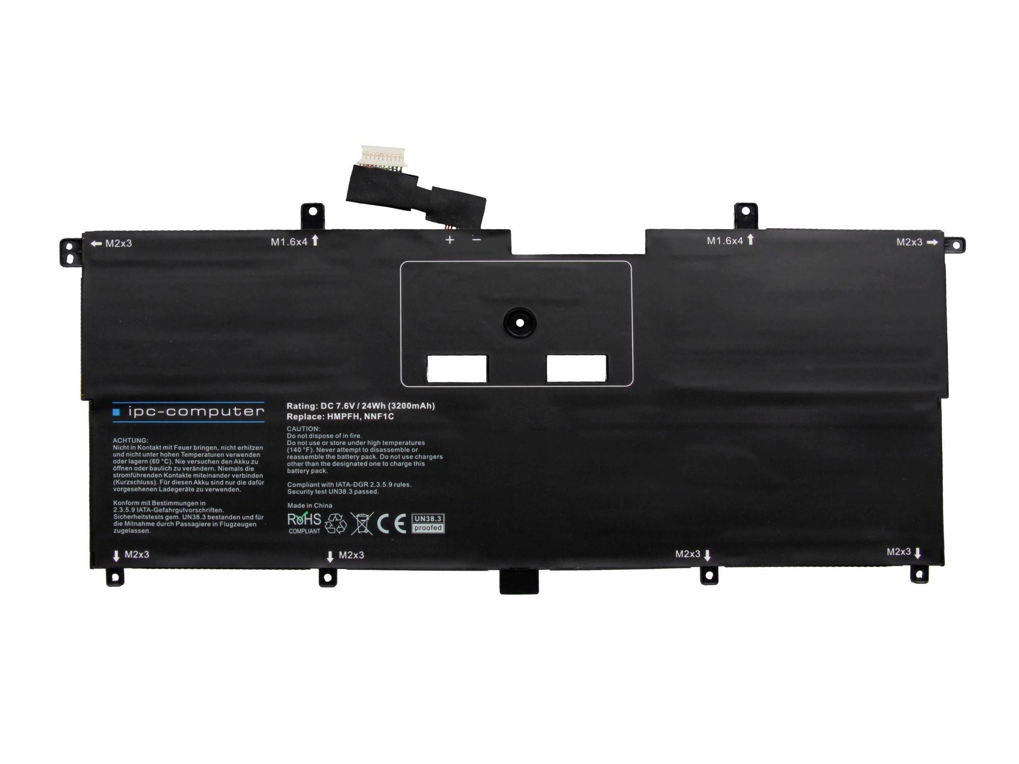 Schwarzes Laptop-Akku-Pack mit Stecker und Befestigungslaschen, mit der Aufschrift "ipc-computer" auf weißem Hintergrund.