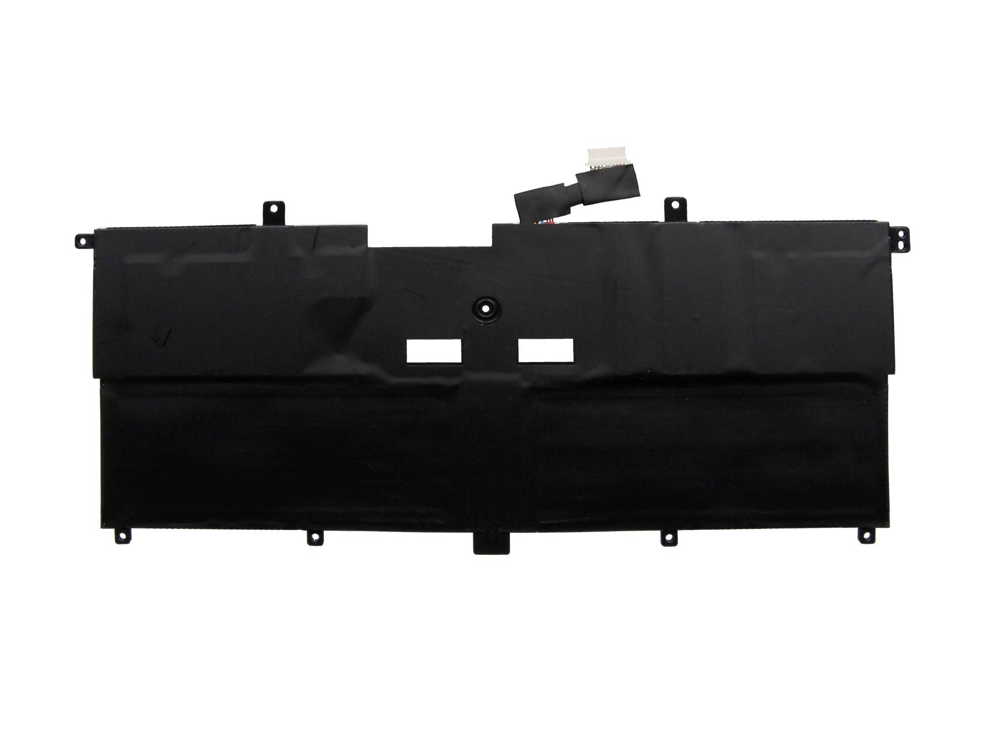 Schwarzes rechteckiges elektronisches Modul oder Abdeckung mit Montagelaschen und einem kleinen Stecker oben, isoliert auf weißem Hintergrund.