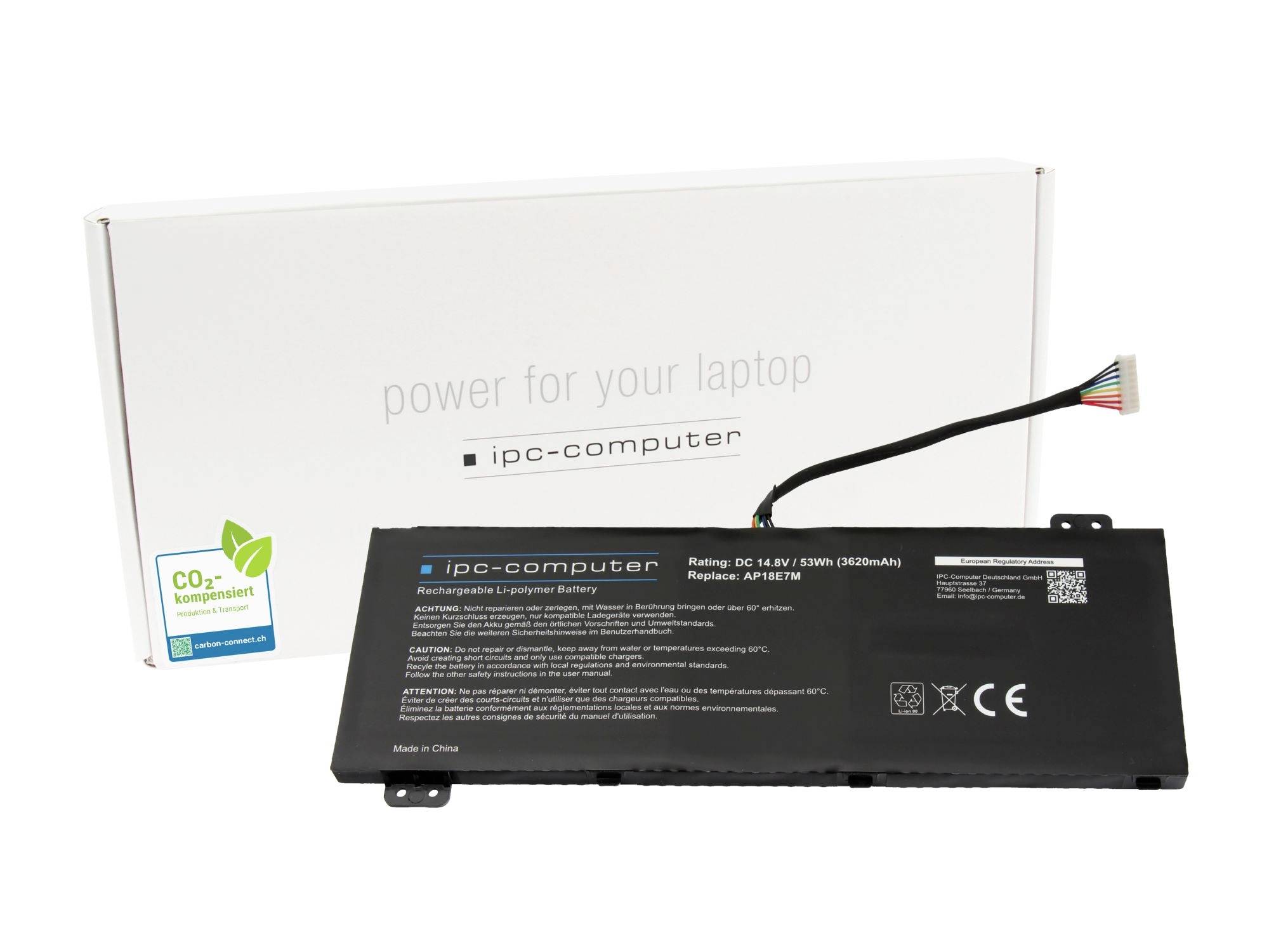 Ersatz-Laptop-Batterie mit weißer Verpackungsbox, gekennzeichnet mit „Strom für Ihren Laptop