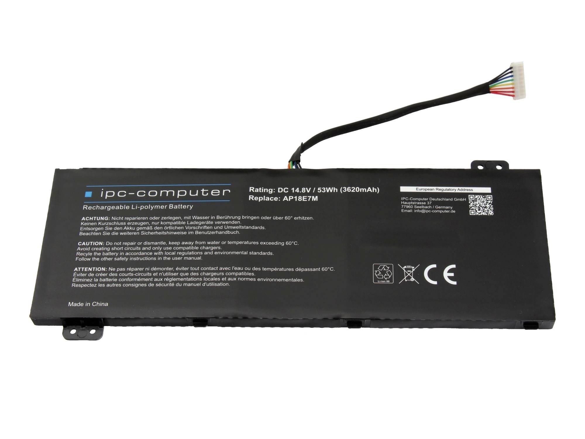 Wiederaufladbarer Lithium-Polymer-Laptop-Akku für Black iPC-Computer mit angebrachtem Kabel und Anschluss, mit Aufschrift 14.8V 53Wh.