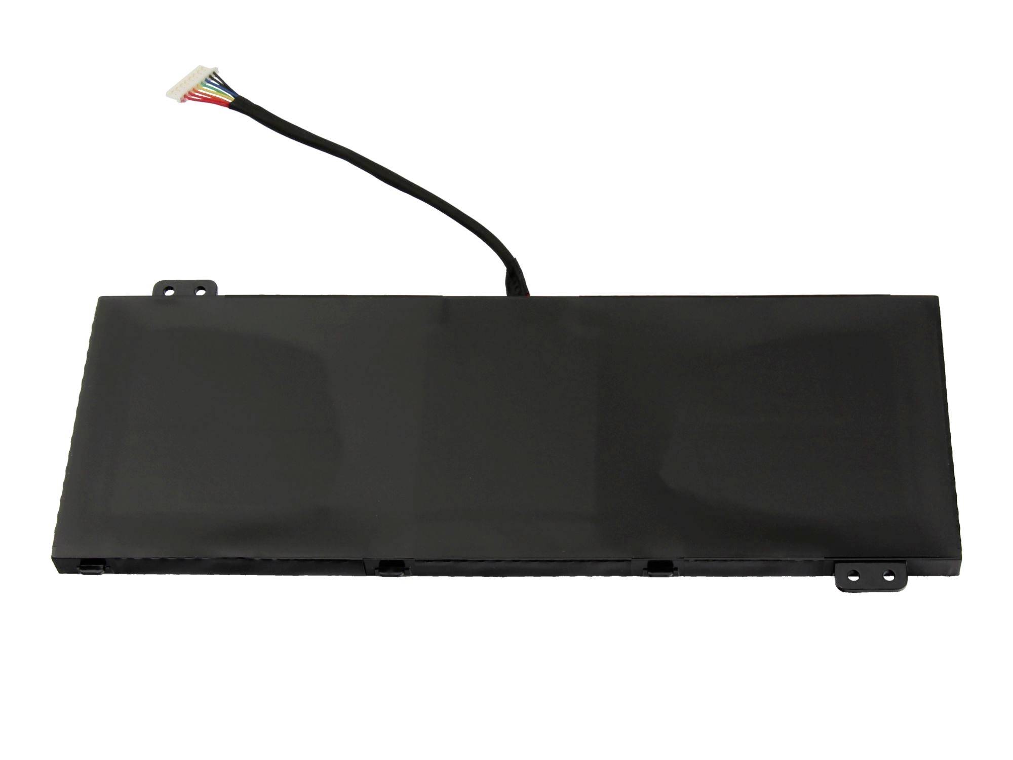Schwarzes rechteckiges Batterieepack mit angebrachtem Kabel und Befestigungslaschen auf weißem Hintergrund.