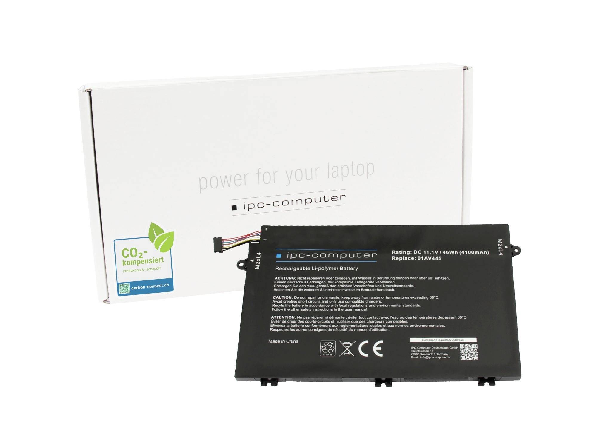 Laptop-Ersatzbatterie mit Verpackung und CO2-konformer Kennzeichnung, mit den Marken „ipc-computer