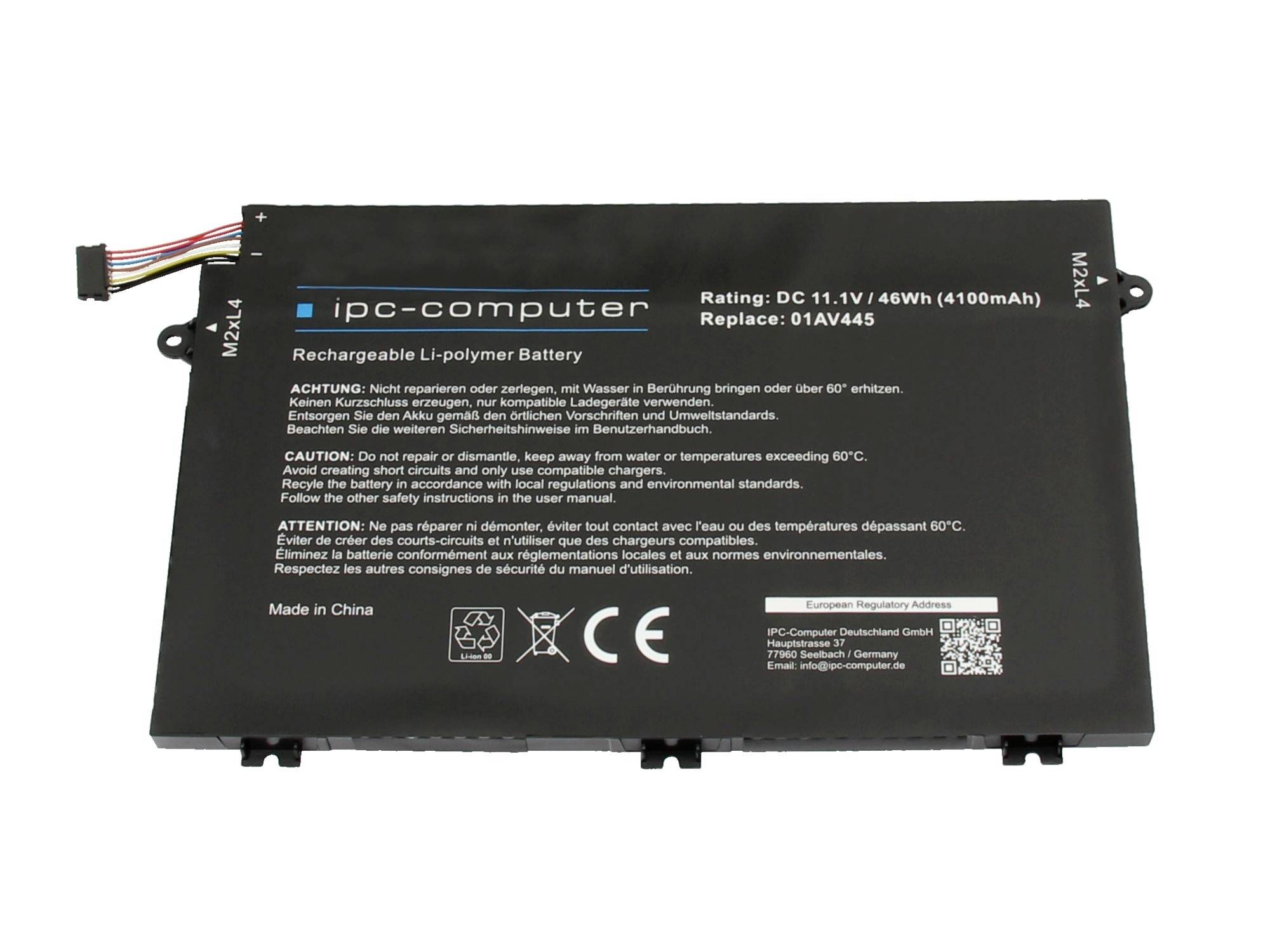 Schwarze IPC-Computer wiederaufladbare Li-Polymer-Batterie mit angebrachtem Stecker, beschriftet mit DC 11,1V 46Wh und Ersatzteil 01AV445.