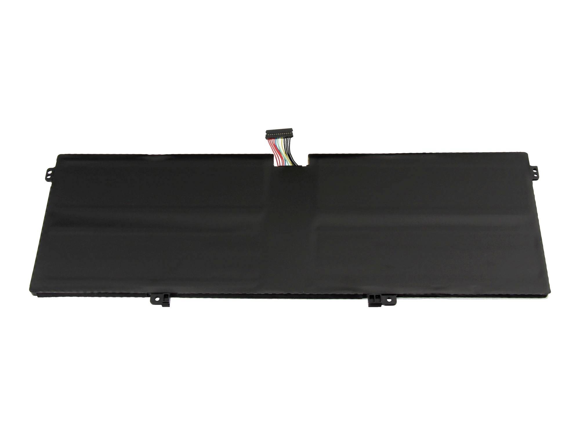Schwarze rechteckige Laptop-Batteriepacks mit Anschlusskabel und Befestigungslaschen auf weißem Hintergrund.
