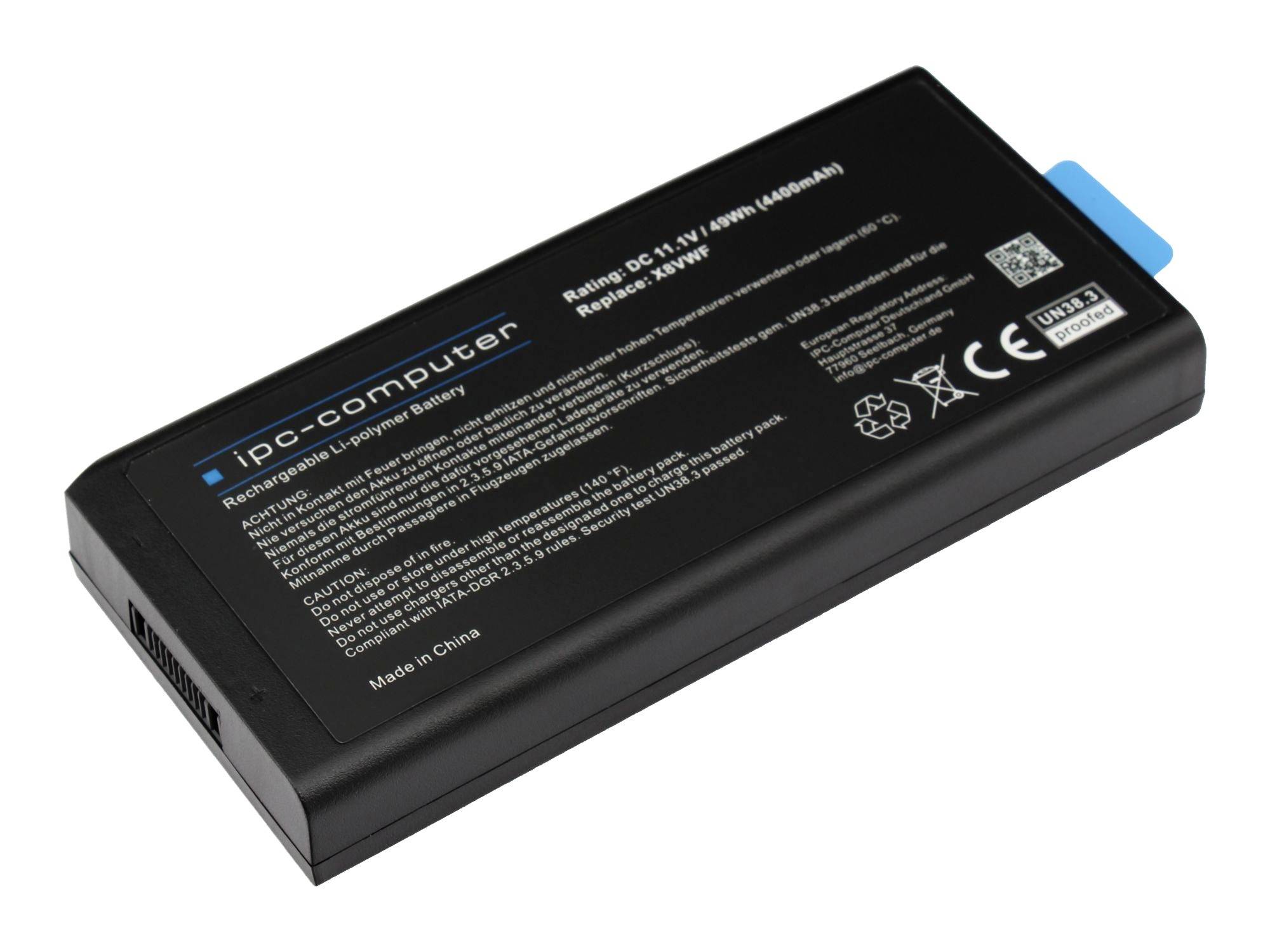 Schwarzer wiederaufladbarer Lithium-Ionen-Akkupack mit der Bezeichnung "ipc-computer" und blauem Abreißtab, gezeigt auf weißem Hintergrund.