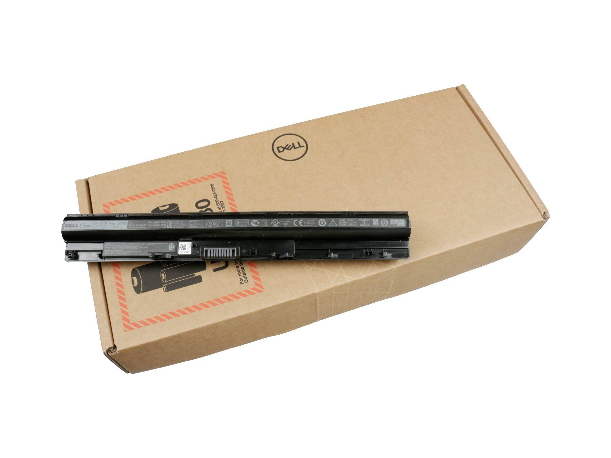 Ein Dell-Laptop-Akku liegt auf einem Karton-Dell-Karton auf weißem Hintergrund.