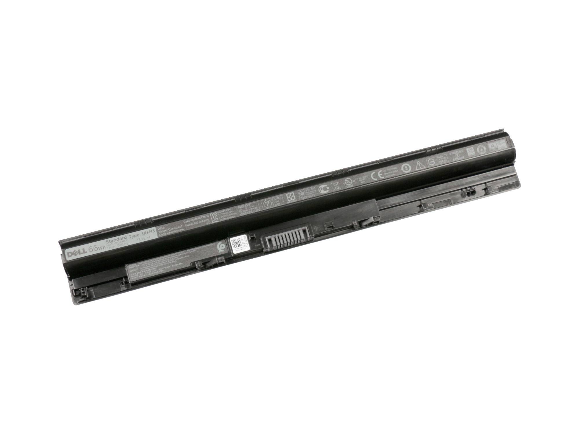 Schwarzes Laptop-Akku-Pack diagonal auf weißem Hintergrund dargestellt.