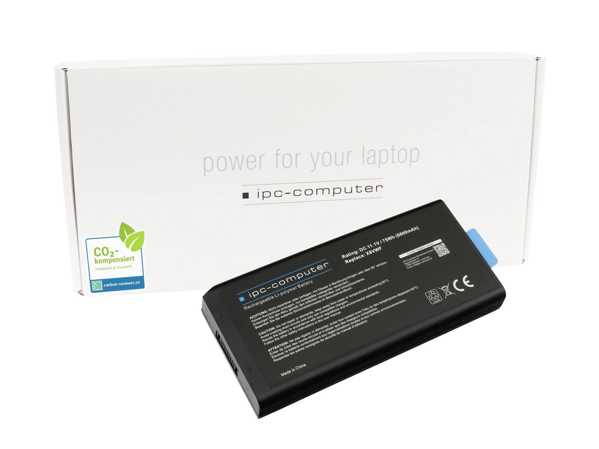 Laptop-Akkuwechsel-Set mit einer schwarzen IPC-Computer-Batterie vor einer weißen Box mit der Aufschrift „Strom für Ihren Laptop