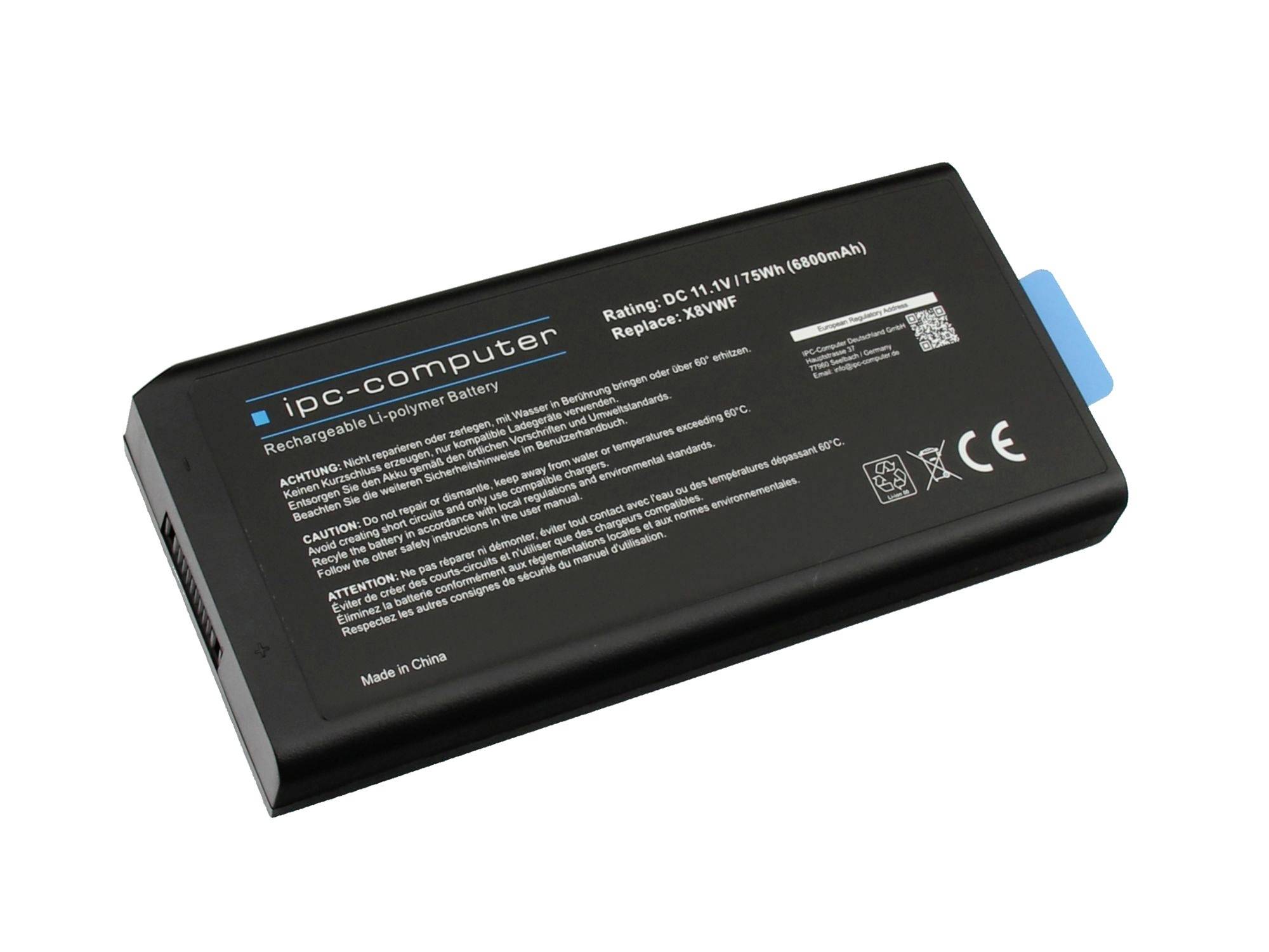 Schwarzer wiederaufladbarer Laptop-Akku mit der Aufschrift „ipc-computer" und blauem Stecker-Tab auf weißem Hintergrund.