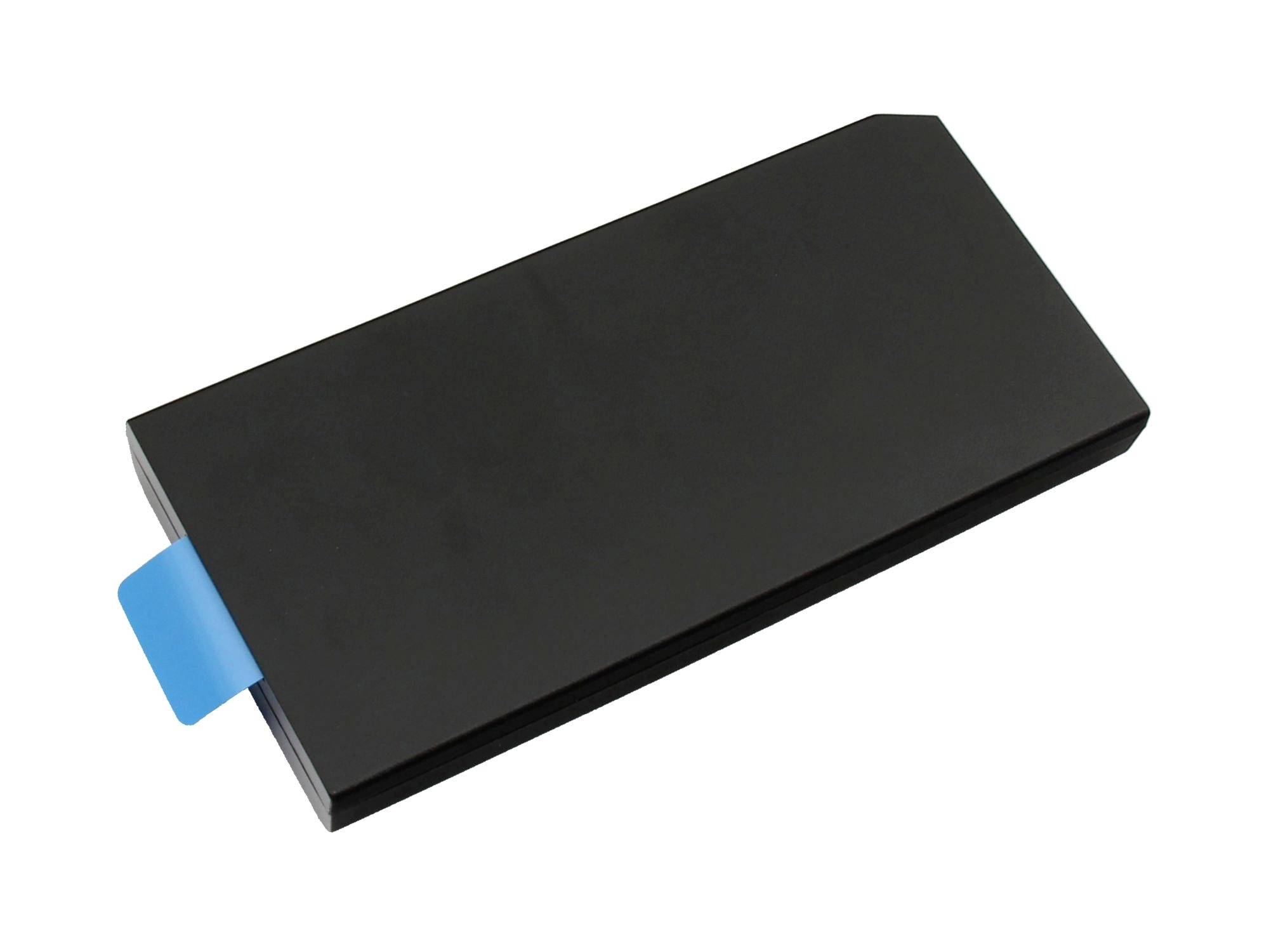 Schwarzes rechteckiges elektronisches Gerät mit einer blauen Lasche, die an einem Ende herausragt, auf weißem Hintergrund dargestellt.