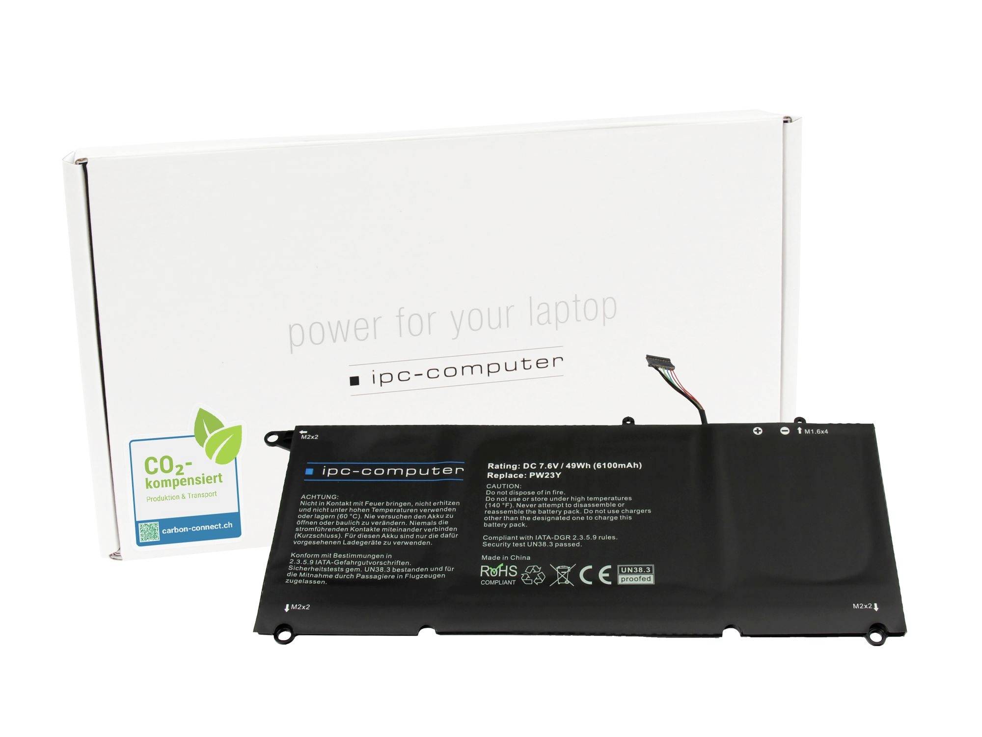 Ersatz-Laptop-Akku vor seiner Schachtel, mit der Aufschrift „Energie für Ihren Laptop