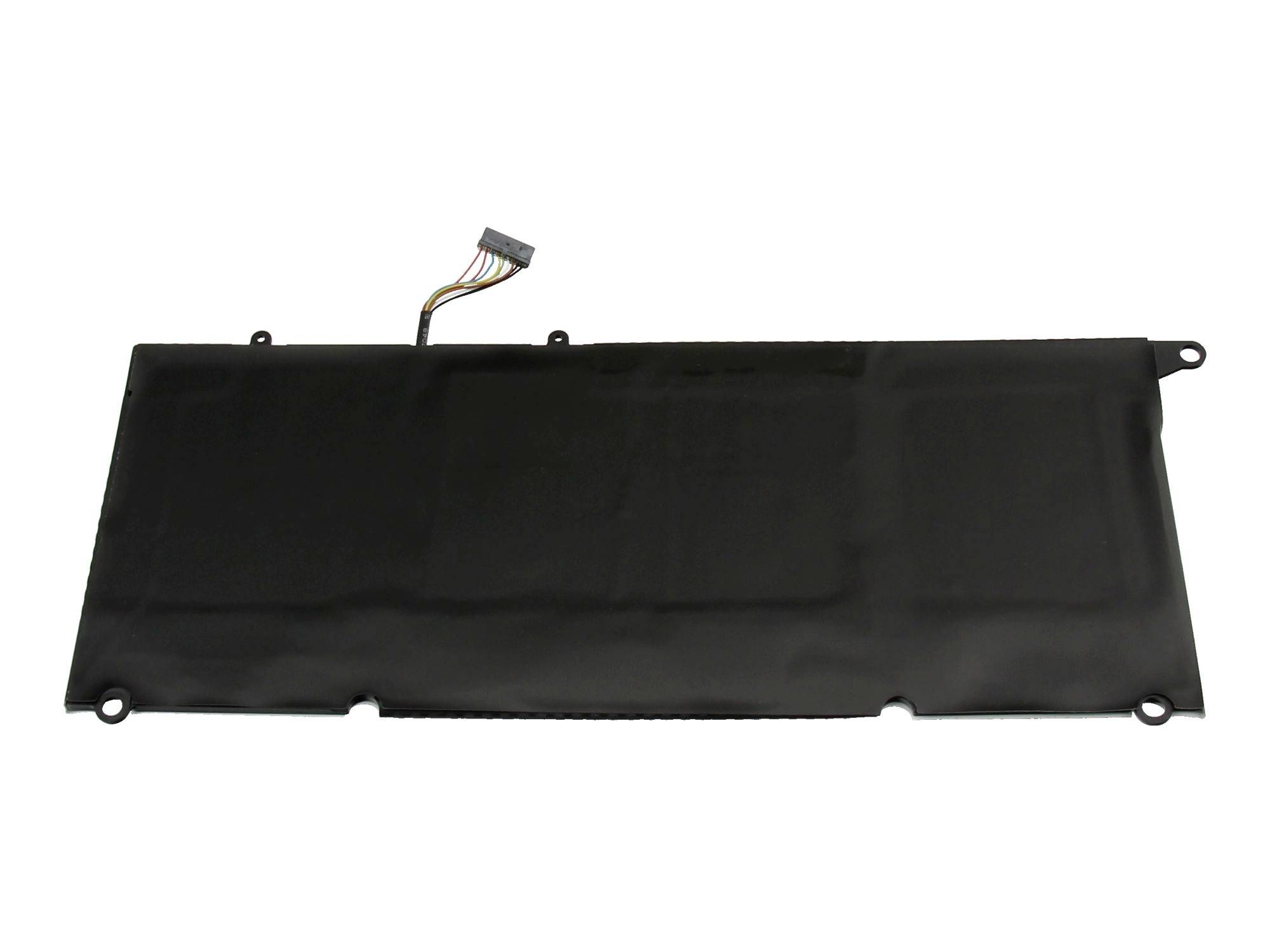 Schwarze rechteckige Laptop-Batterie mit Verbindungskabel und Befestigungslaschen auf weißem Hintergrund.