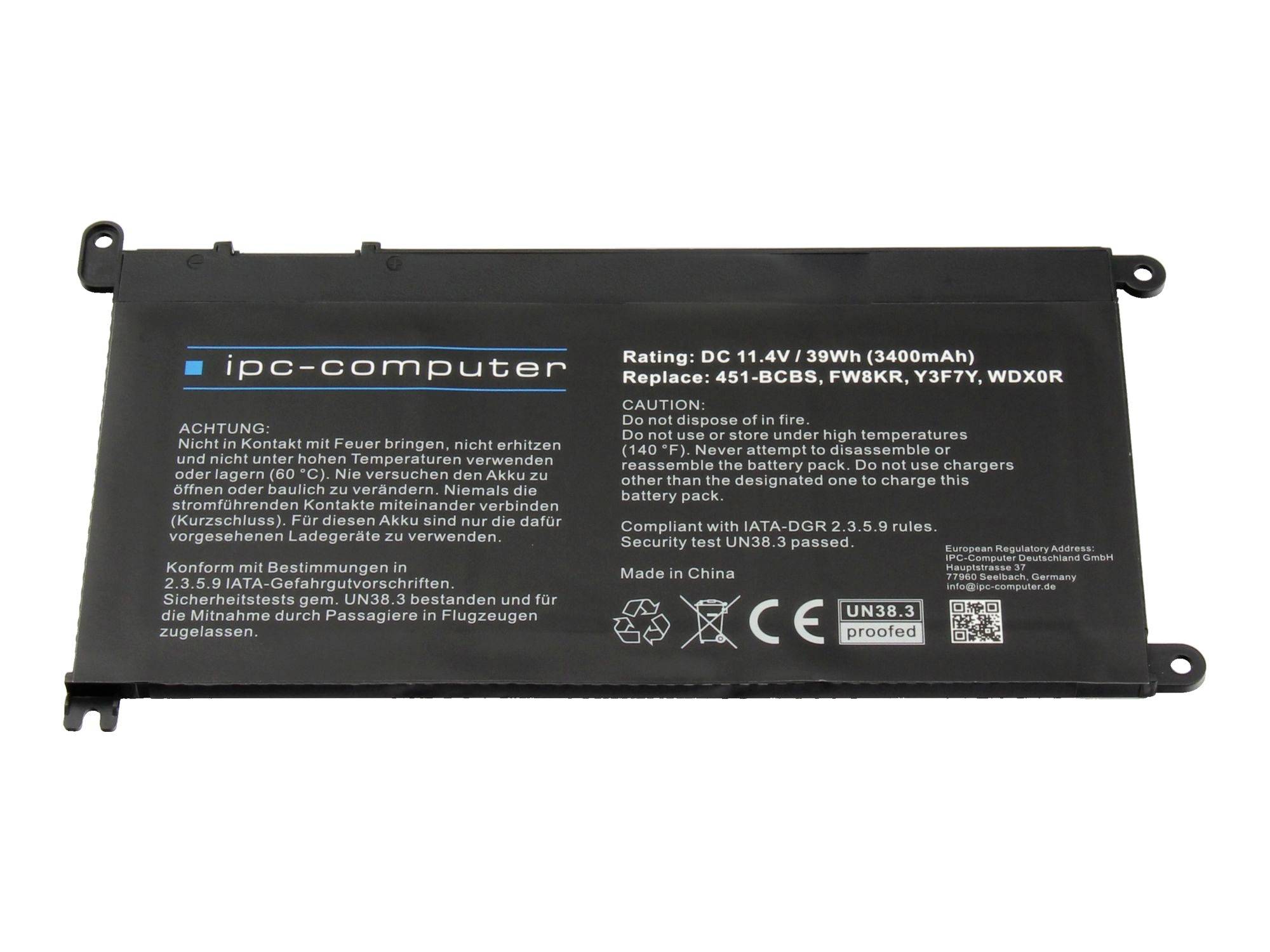 Schwarzes IPC-Computer-Laptop-Akkupack mit der Bezeichnung 11,4V 39Wh, mit Warn- und Zertifizierungstext.